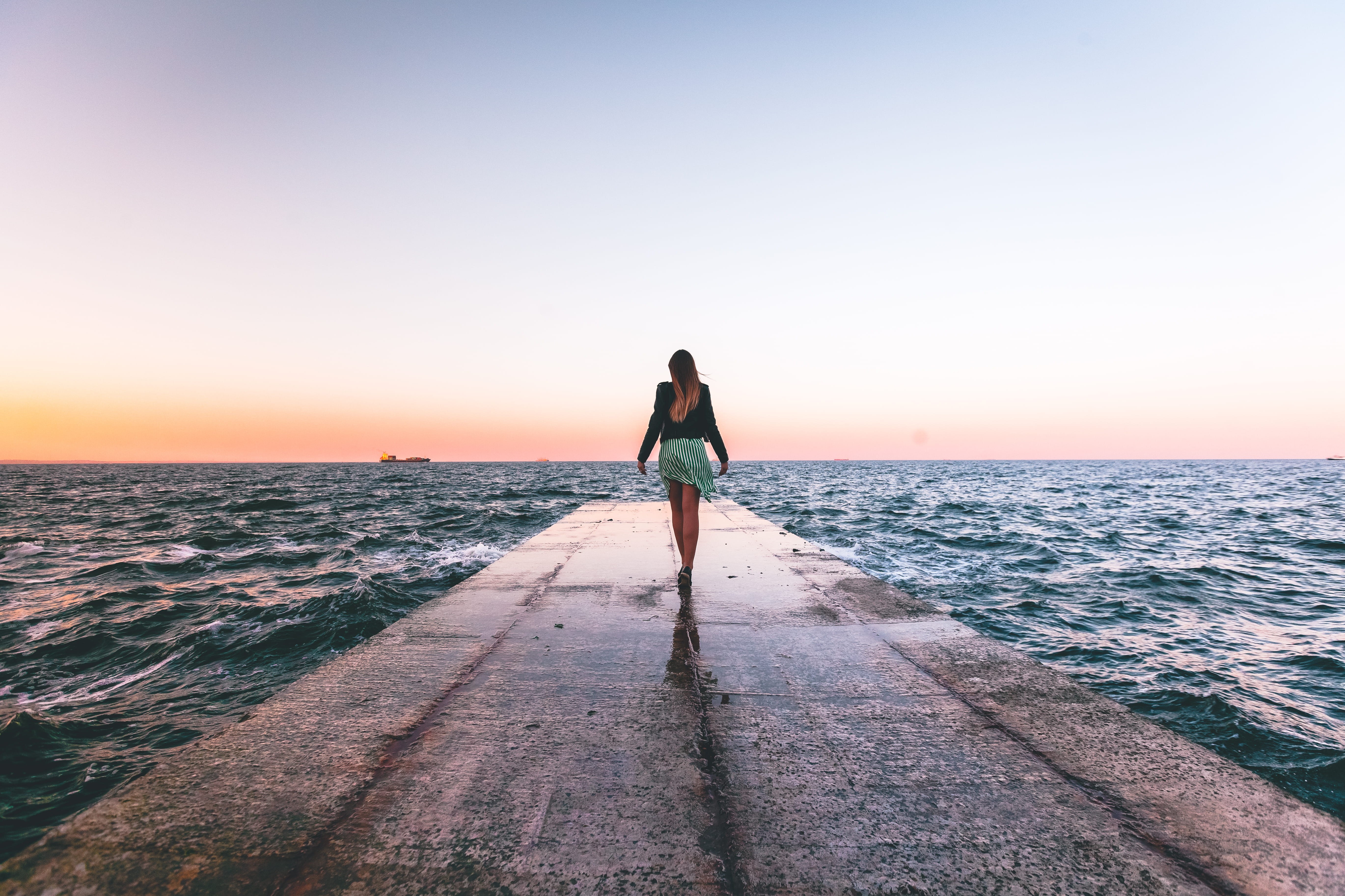 daytime, lifestyles, wooder, land, sea, horizon over water, girl, standing, odesa, ocean, scenics - nature, walking, full length, horizon, female, 5K, HD Wallpaper