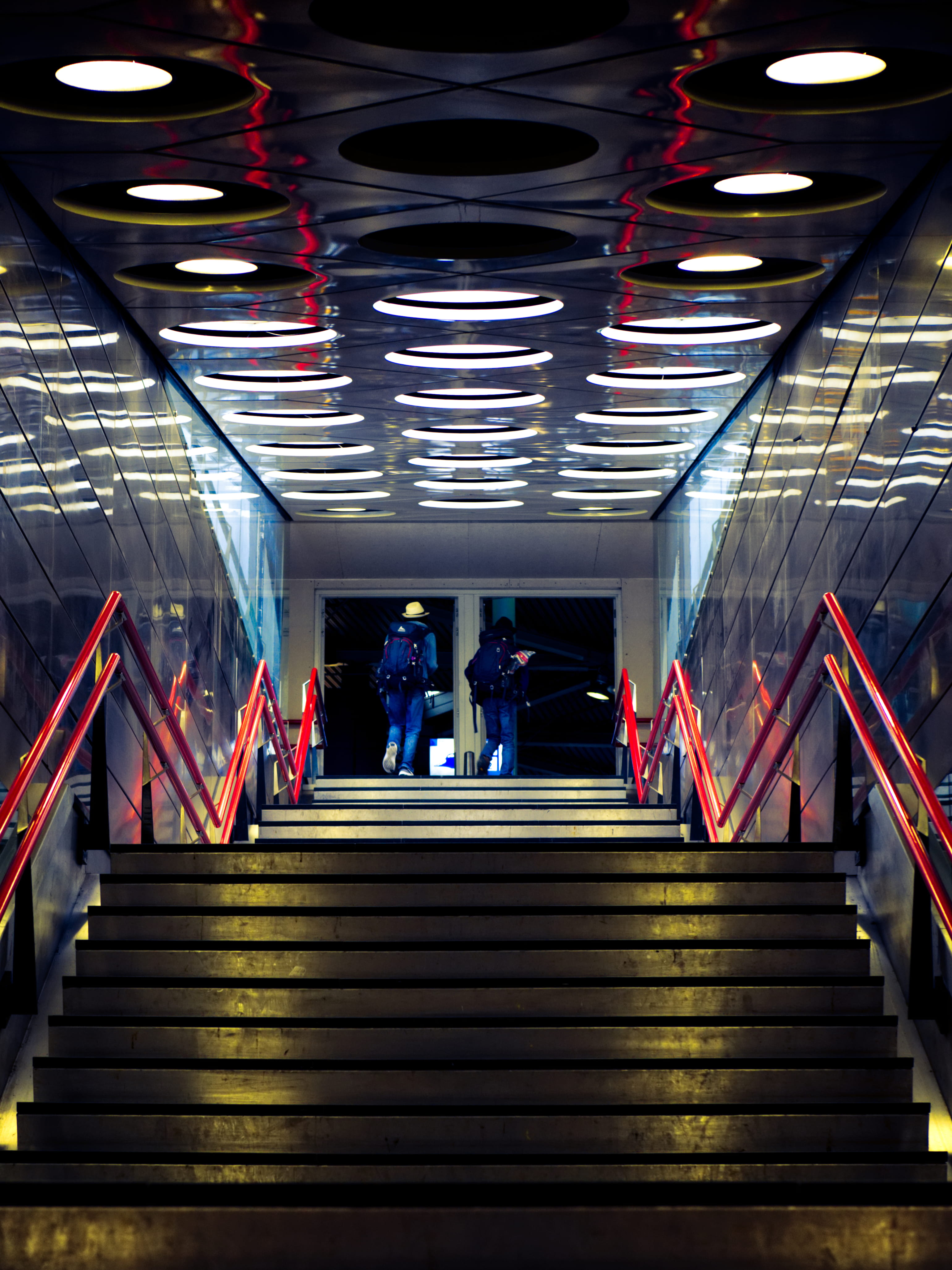 illuminated, low angle view, modern design, people, public transportation, women, lighting, steps and staircases, reflection, light, group of people, pedestrian, Phone HD Wallpaper