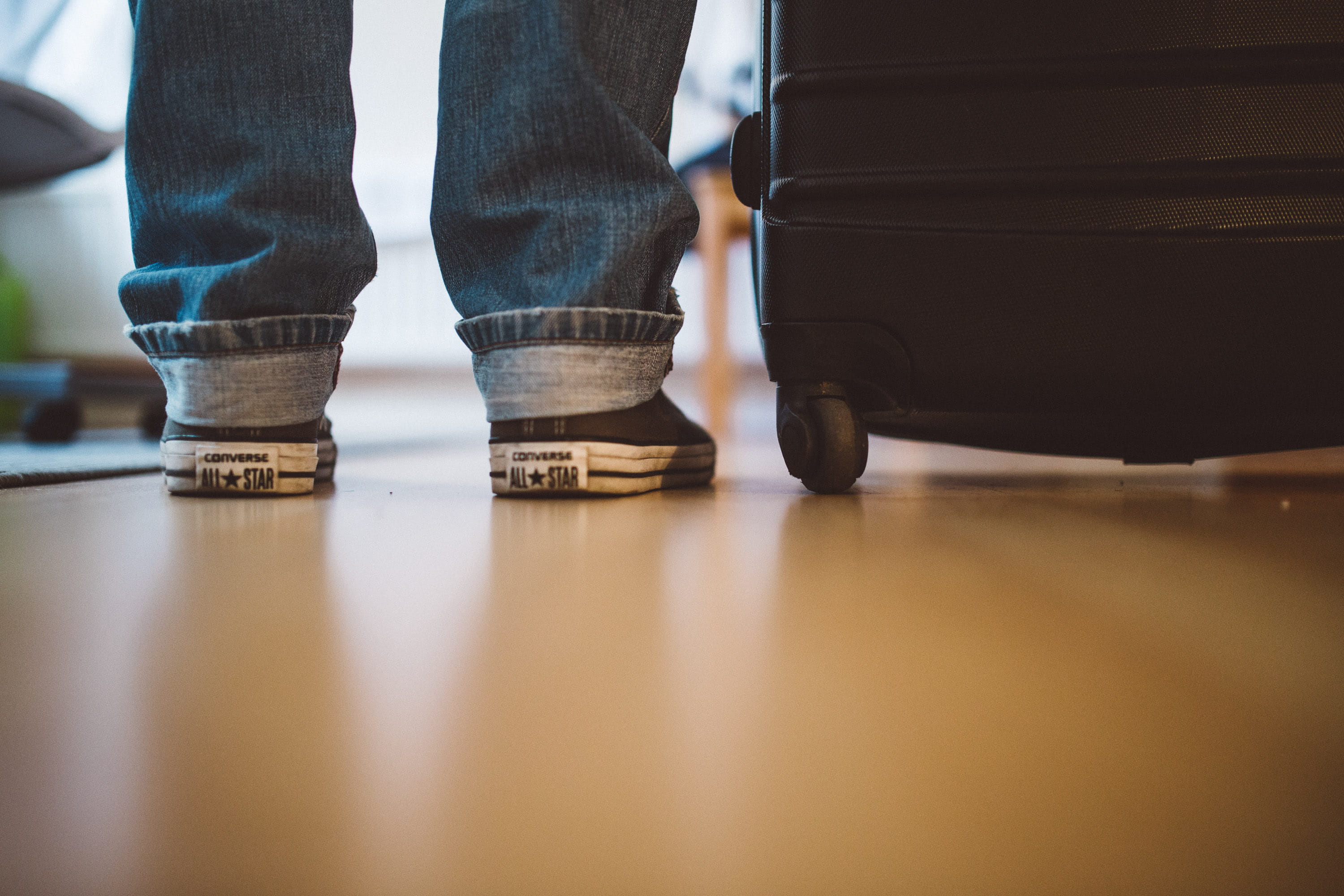 one person, adult, Waiting, men, low Section, human Foot, indoors, travel, unrecognizable Person, jeans, adults only, casual clothing, Suitcase, human Leg, HD Wallpaper