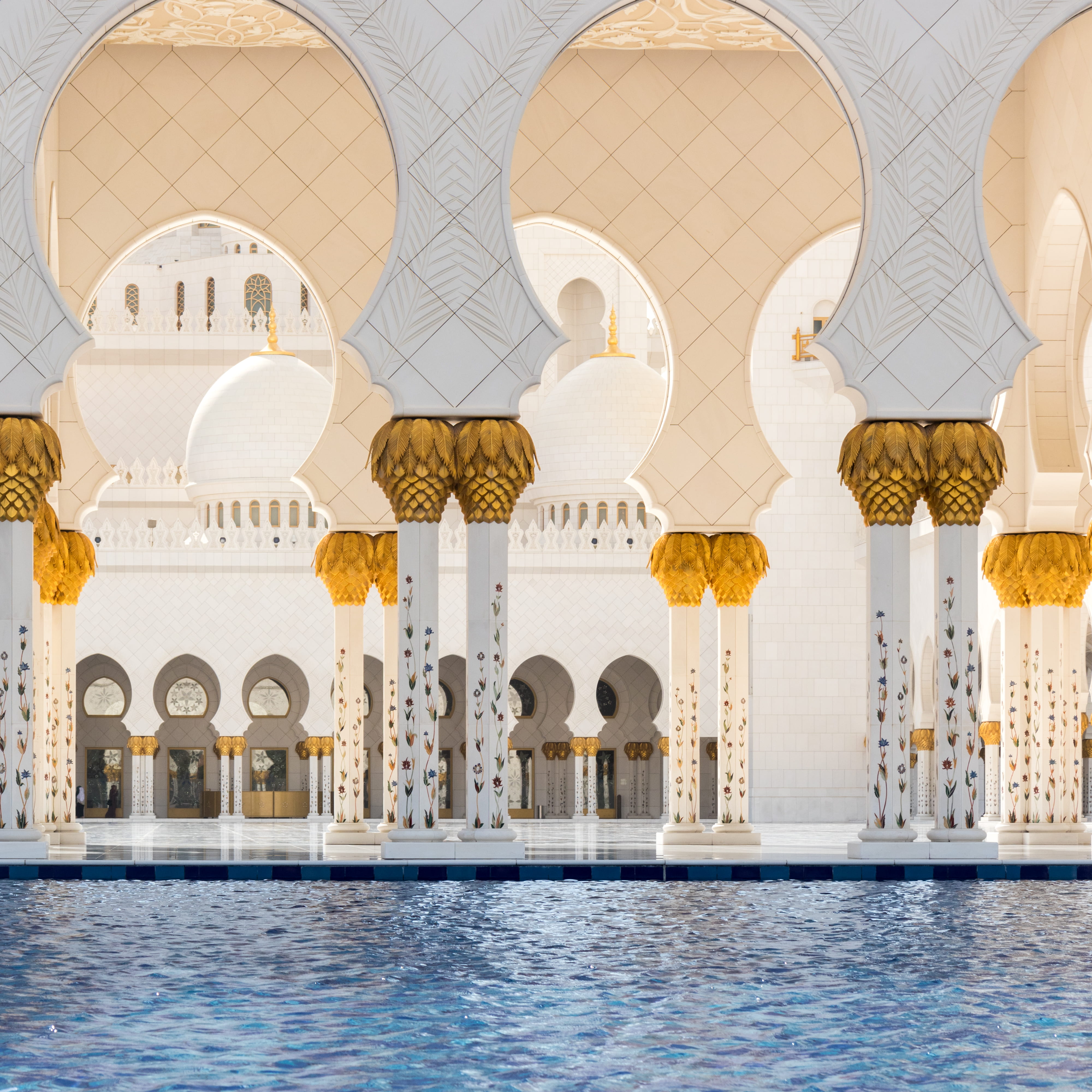 photo, travel destinations, mosque, ornate, luxury, travel, building, yellow, day, water, architecture, built structure, nature, white, belief, pool, courtyard, Phone HD Wallpaper
