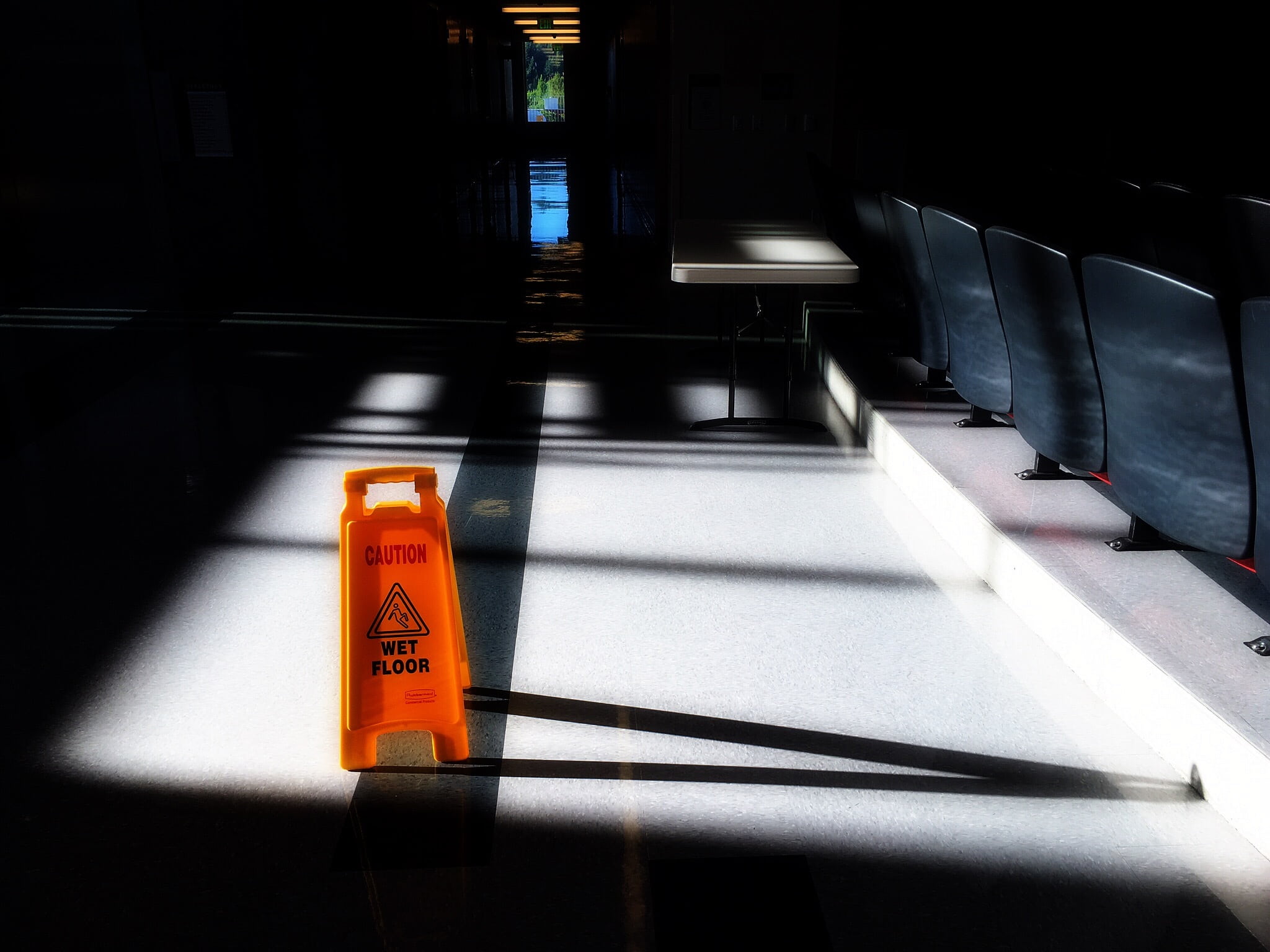 building, motion, corridor, college, text, 1080P, caution, built structure, communication, floor, signage, wet, indoors, orange, warning symbol, city, HD Wallpaper