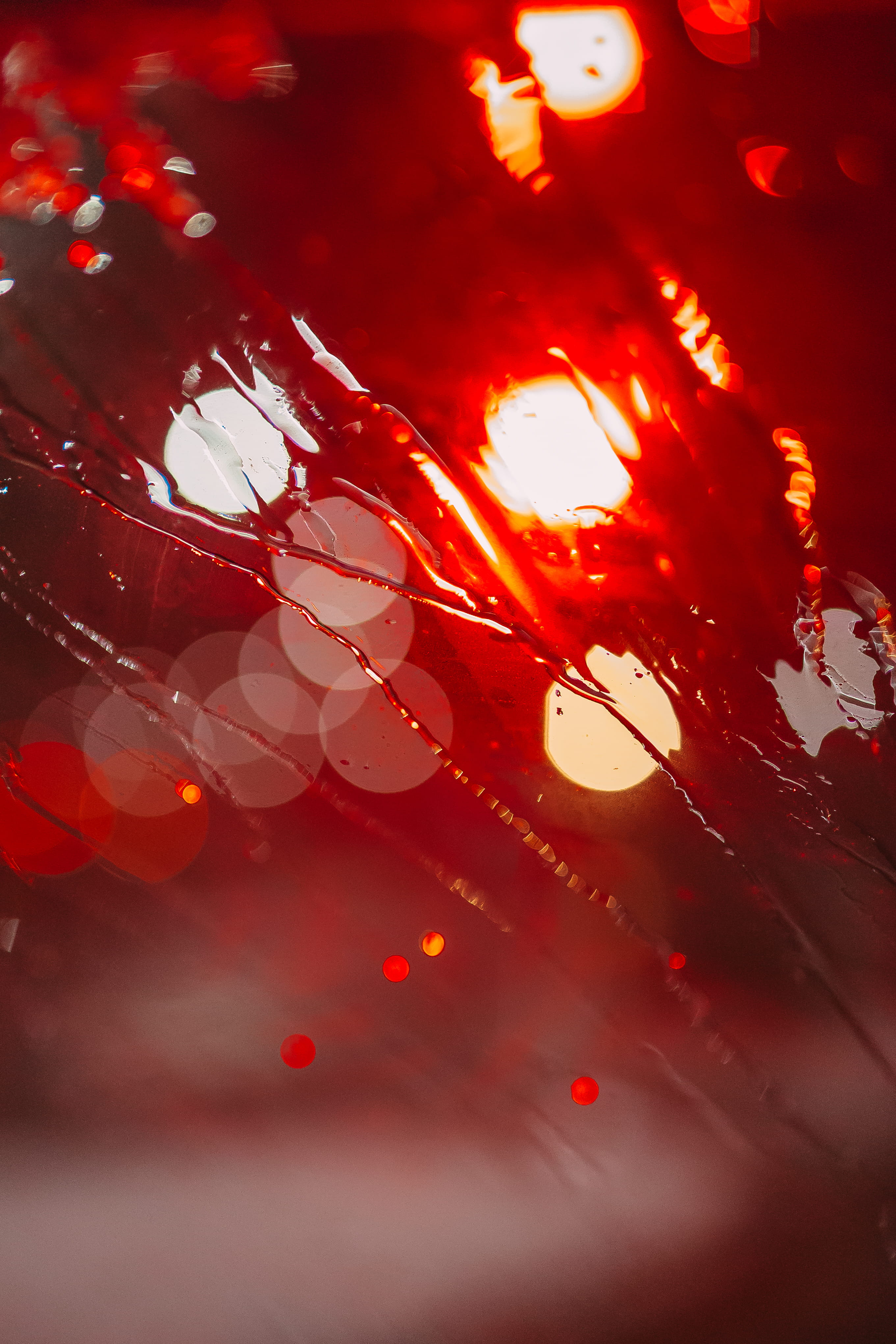 light - natural phenomenon, backgrounds, selective focus, detail, red, red light, full frame, night, celebration, background, water, 4K, close-up, rain, Phone HD Wallpaper
