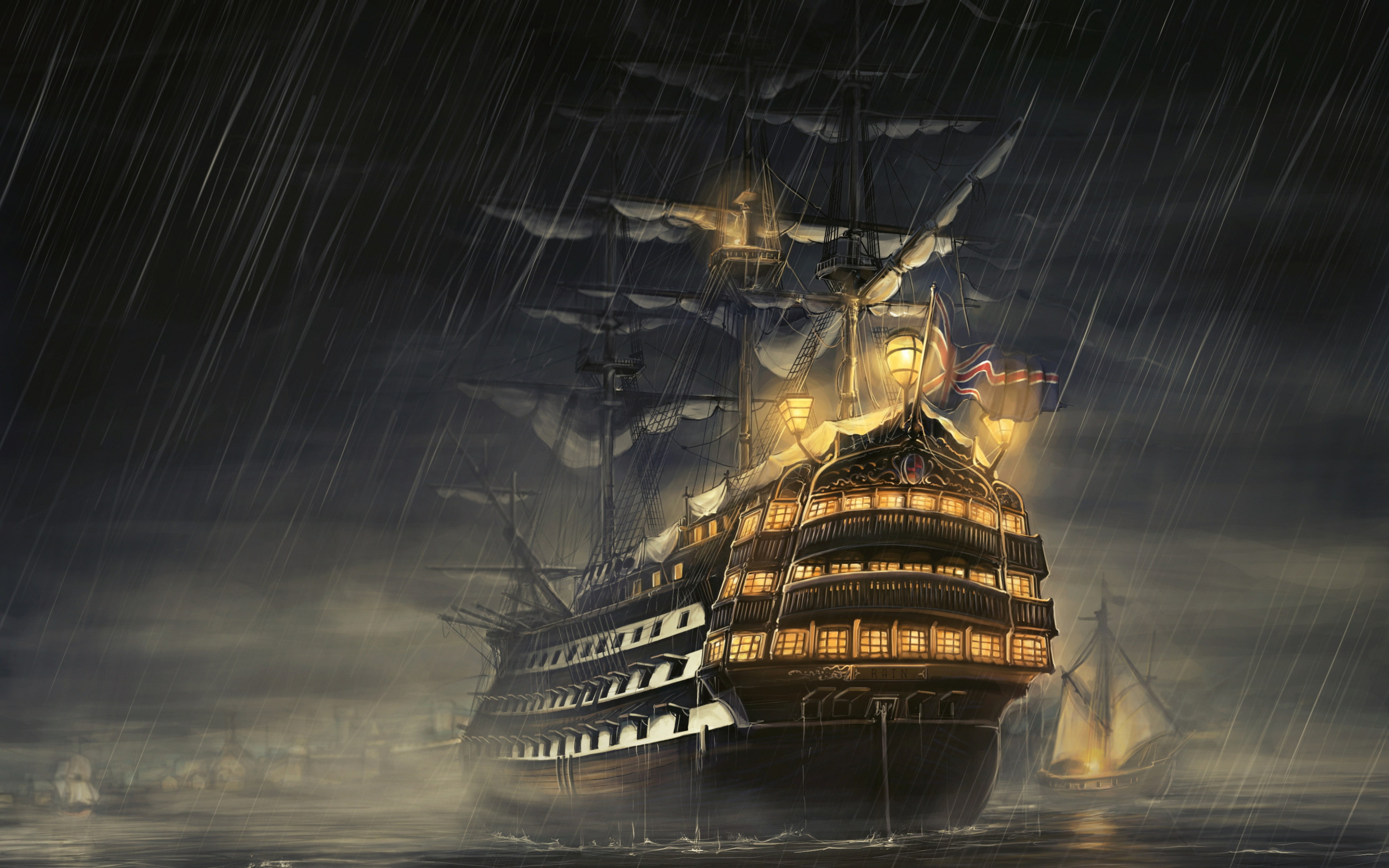 light, 4K, rain, ships, sea backgrounds, HD Wallpaper