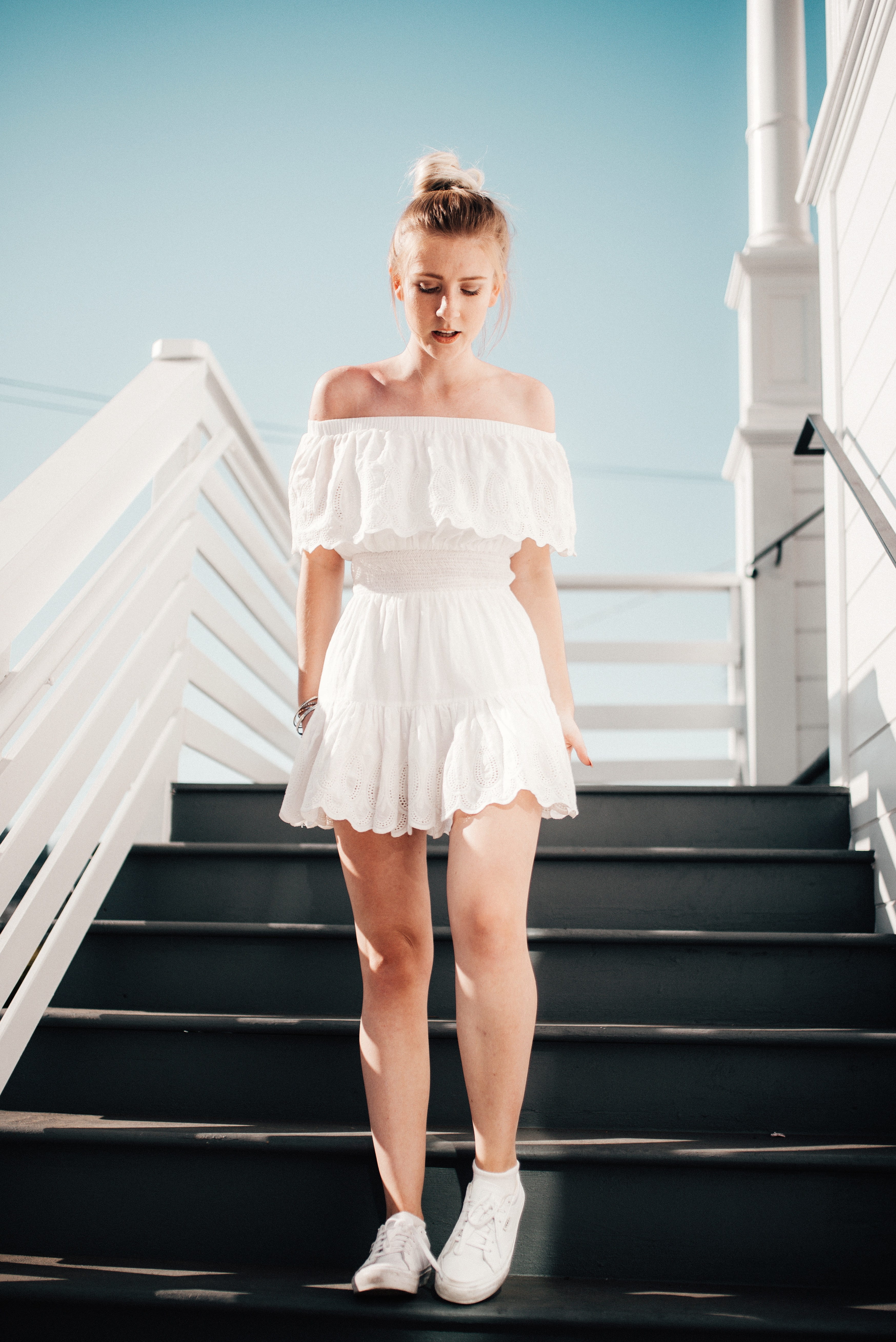 hairstyle, looking at camera, sky, daytime, white color, portrait, one person, white, woman, stair, stairway, female, full length, women, clear, front view, Phone HD Wallpaper