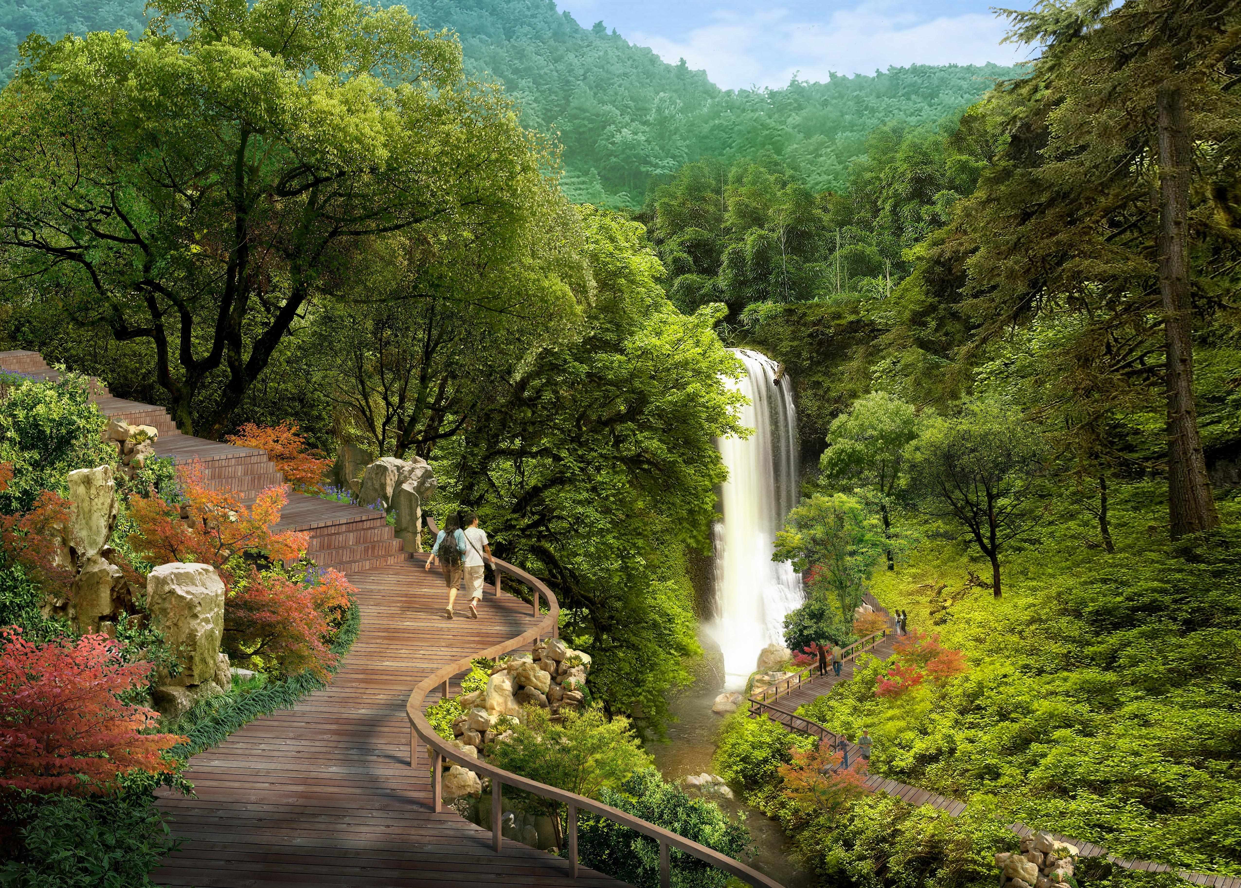 waterfall, nature, growth, footpath, outdoors, architectural visualization, cgi, tree, building, mountain, scenics - nature, water, flowing water, beauty in nature, HD Wallpaper