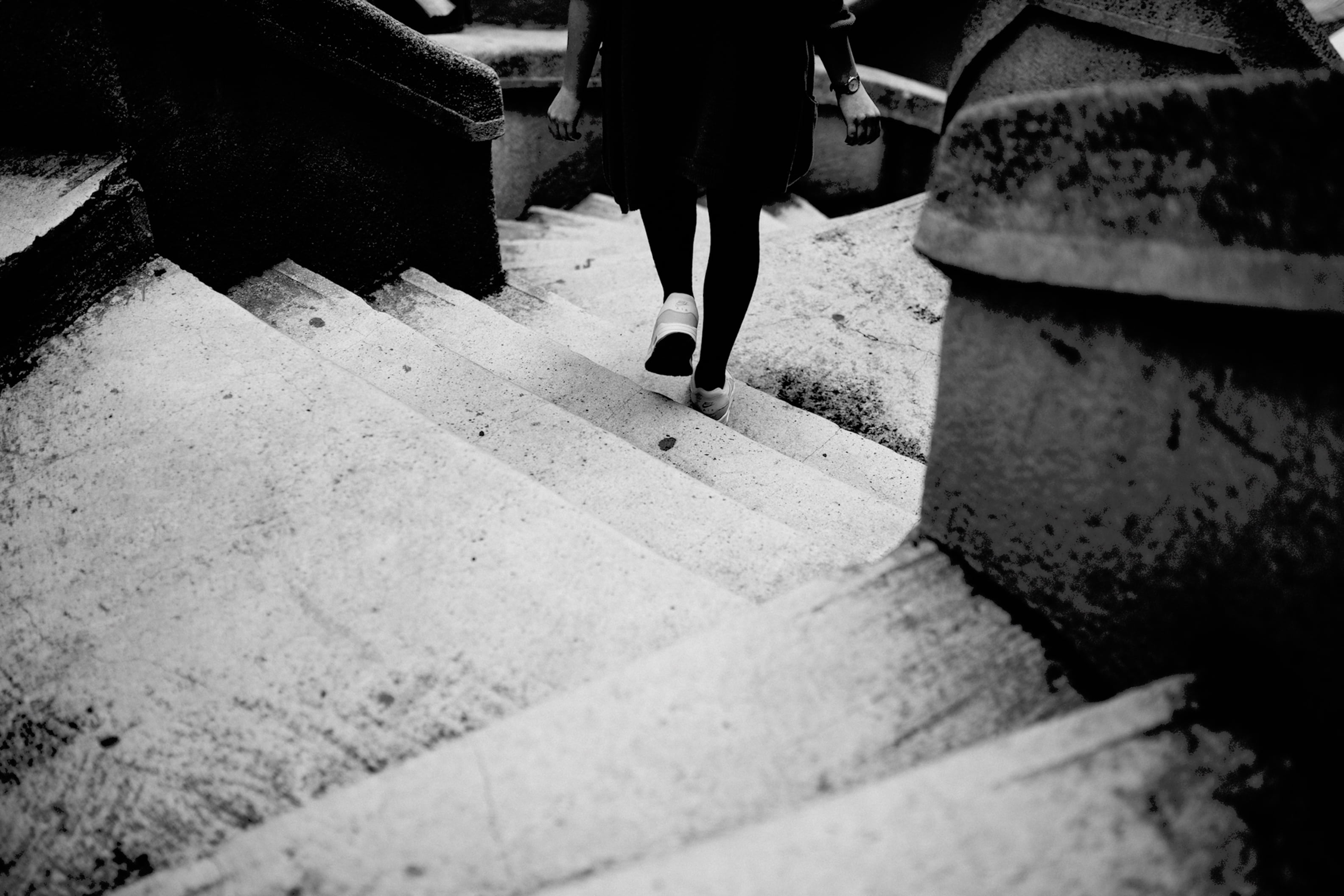 steps, lifestyles, adult, walking, stairs, men, 2K, urban Scene, black And White, rear view, nike, street, human Leg, travel, built structure, real people, HD Wallpaper