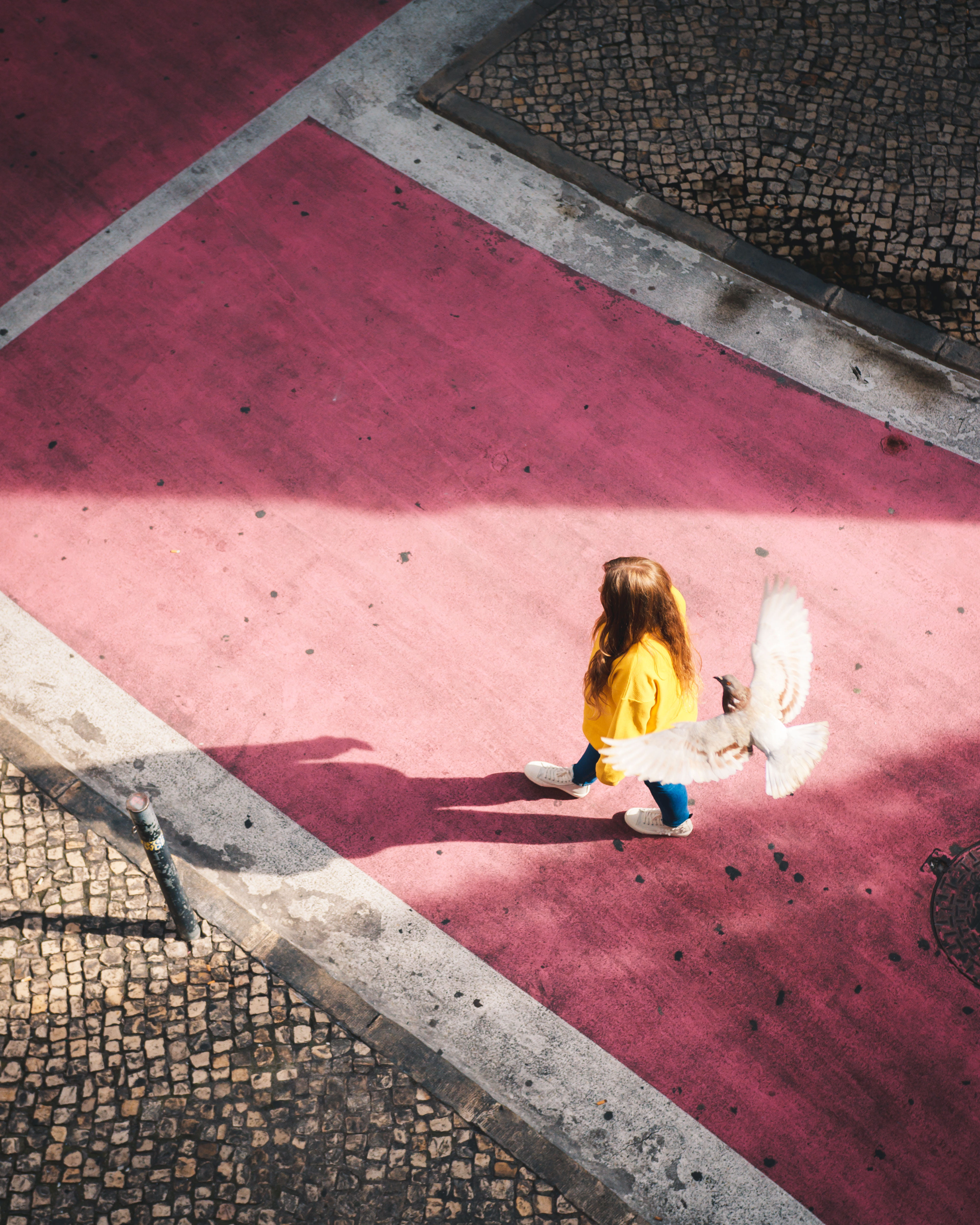 4K, looking down, photography, light, rear view, fashion, flying, red, lifestyles, pavement, streetphotography, high angle view, casual clothing, summer, Phone HD Wallpaper