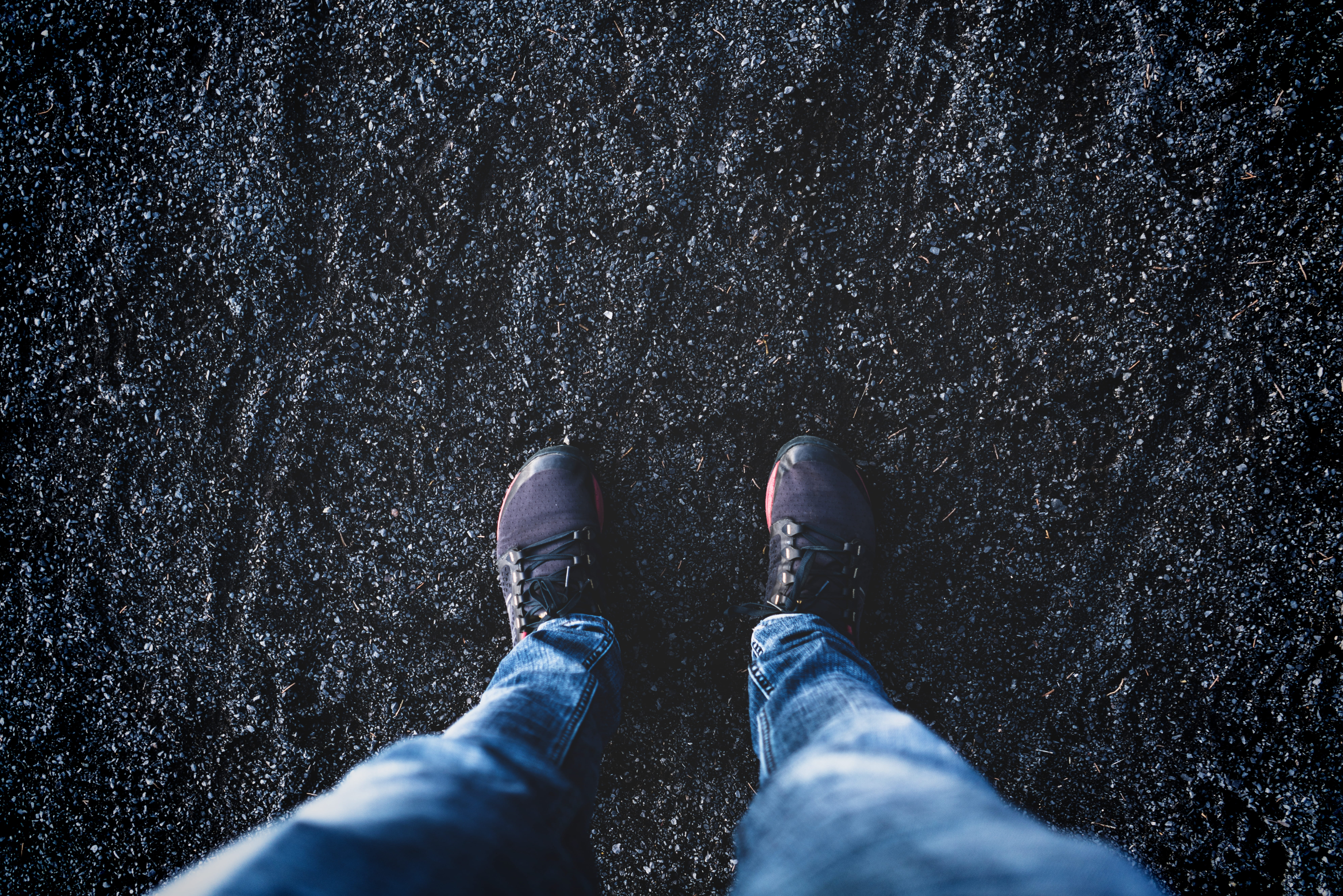 real people, blue, lifestyles, walking, black sand, one person, 8K, still, directly above, human body part, body part, human leg, men, gravel, jeans, day, HD Wallpaper