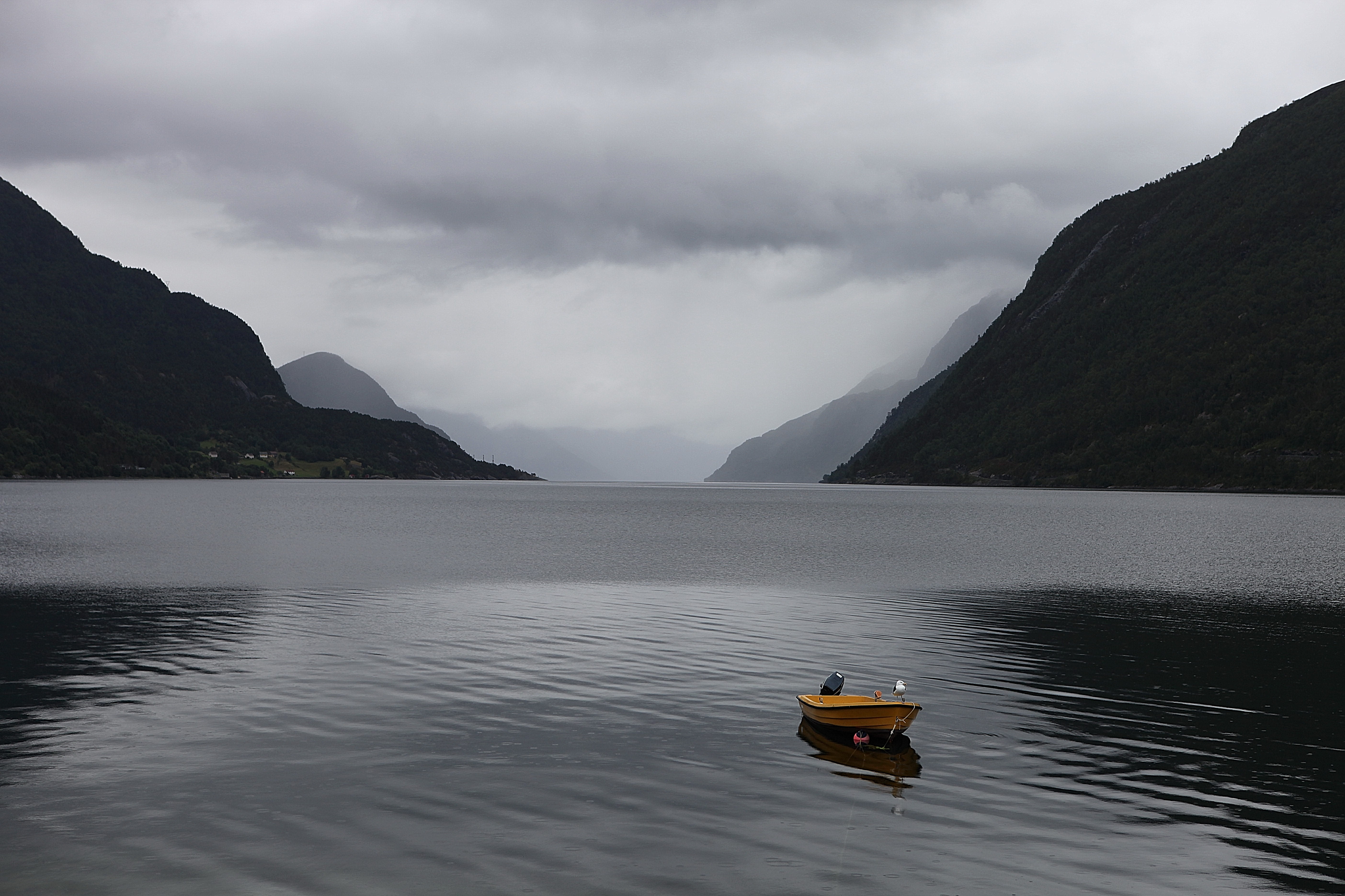 5K, overcast, boat, nordfjord, cloud - sky, trueb, mode of transportation, nautical vessel, cliff, cliffs, environment, mountain, fjord, transportation, HD Wallpaper