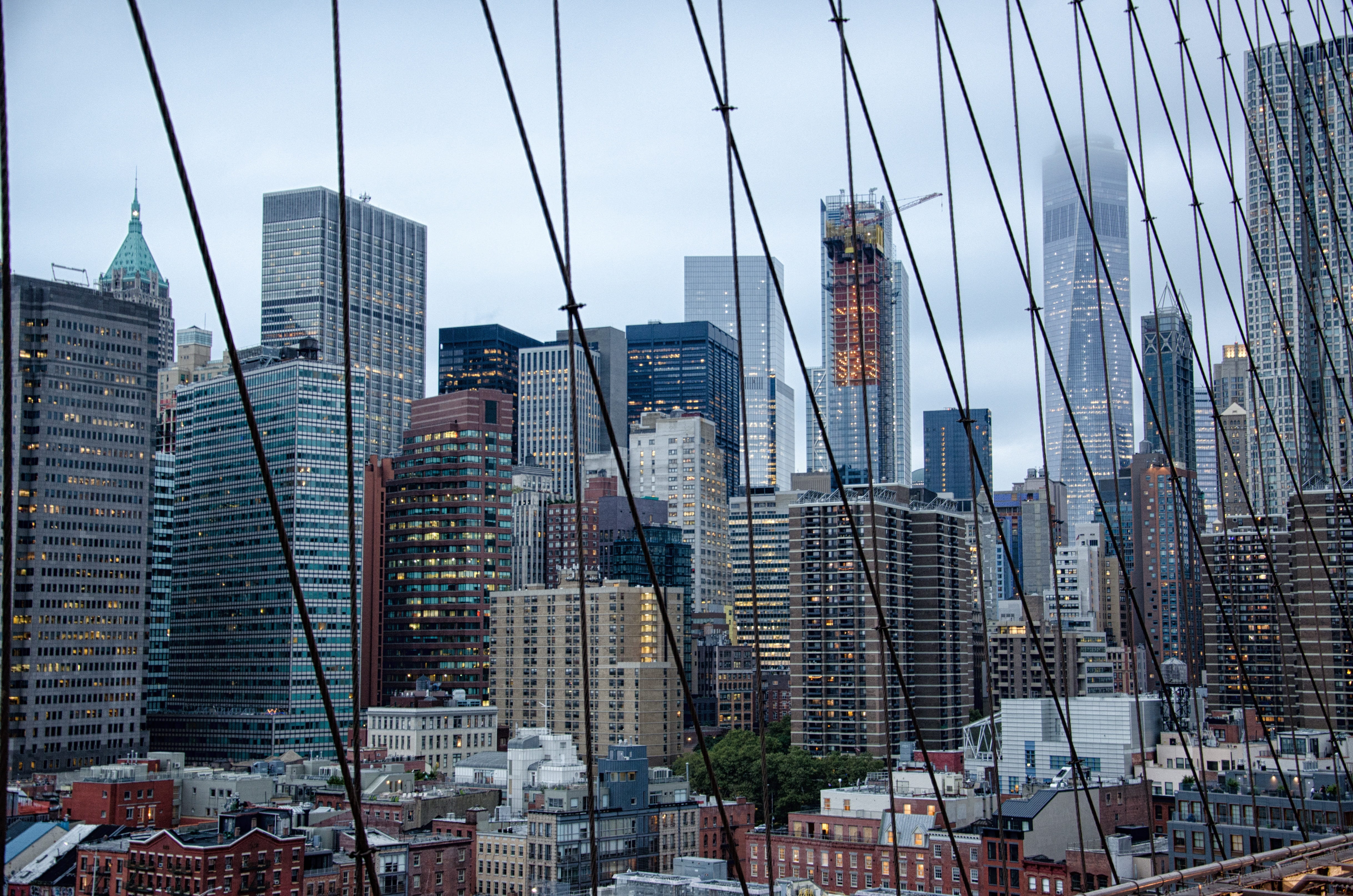 town center, brooklyn bridge, downtown district, trueb, outdoors, foggy, office building exterior, new york, cityscape, bridge, 4K, office, sky, skyscrapers, HD Wallpaper