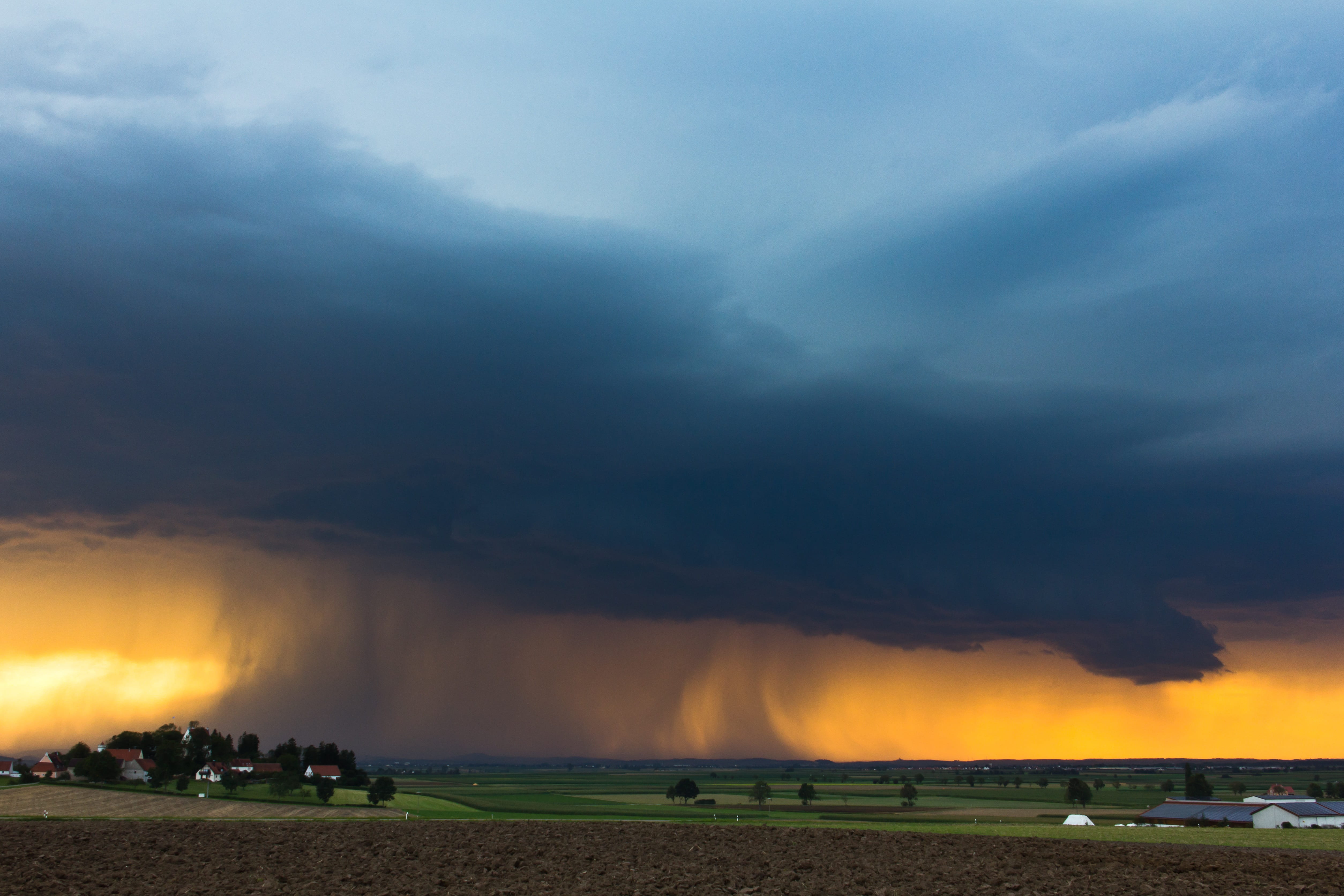 land, idyllic, flat land, orange sky, 4K, environment, evening thunderstorms, rural scene, orange color, scenics - nature, tranquility, non-urban scene, HD Wallpaper