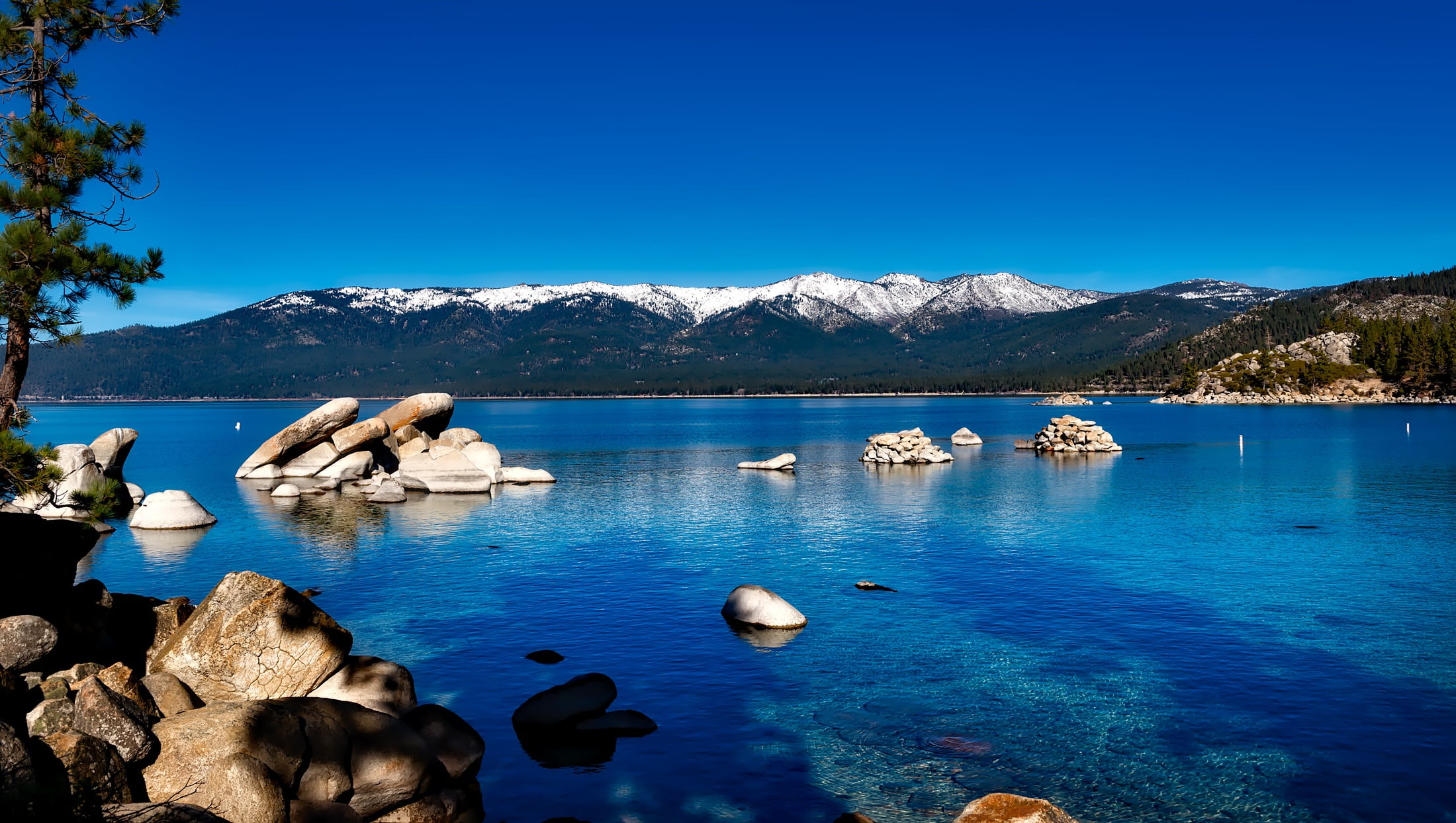 sky, usa, water, beauty in nature, serene, shore, california, solid, rocks, lake, mountain, rock, snowcapped mountain, holiday, body, woods, hdr, winter, HD Wallpaper