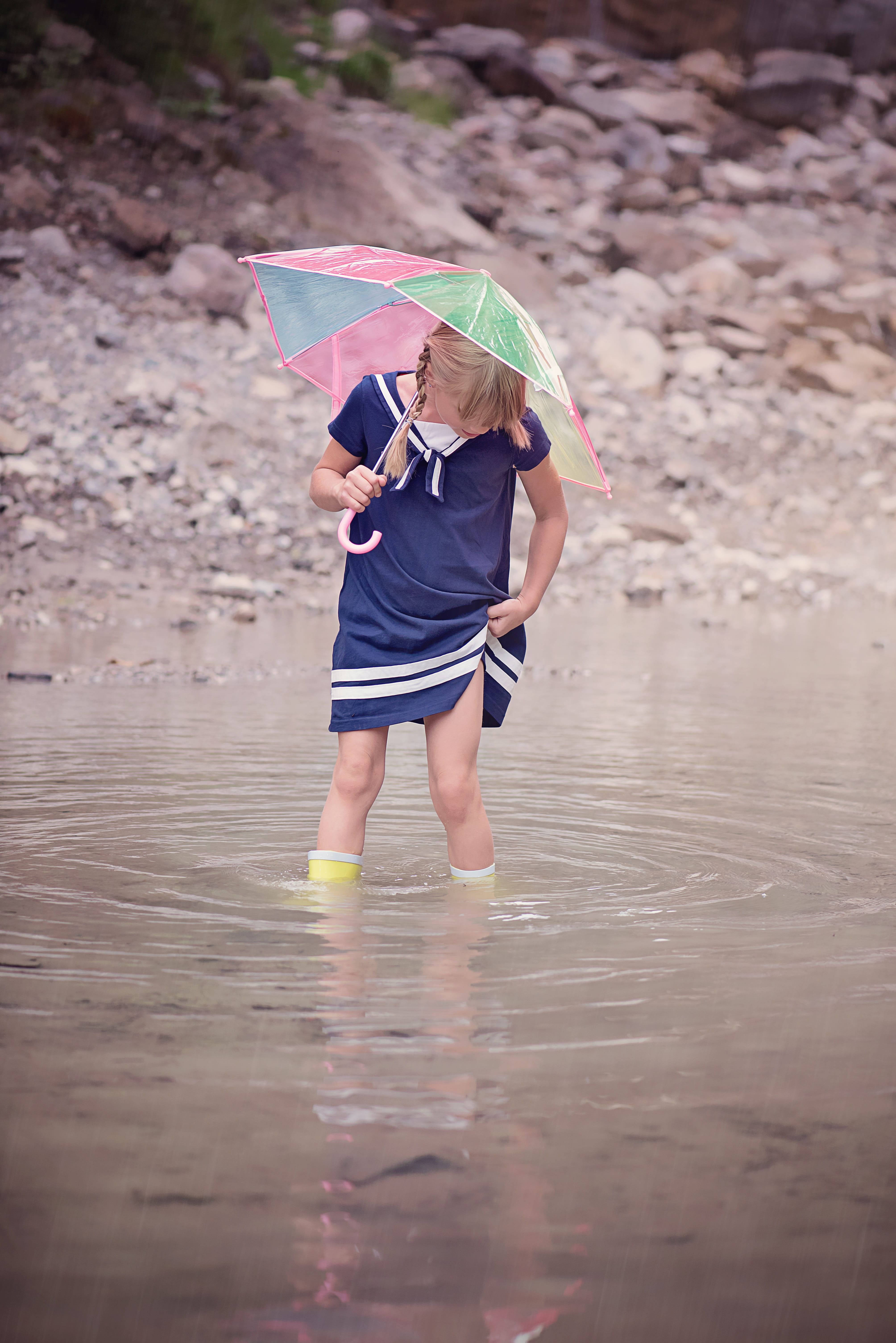 out, 5K, person, protection, blue dress, rubber boots, women, leisure activity, casual clothing, innocence, dress, umbrella, land, beach, day, child, one person, Phone HD Wallpaper