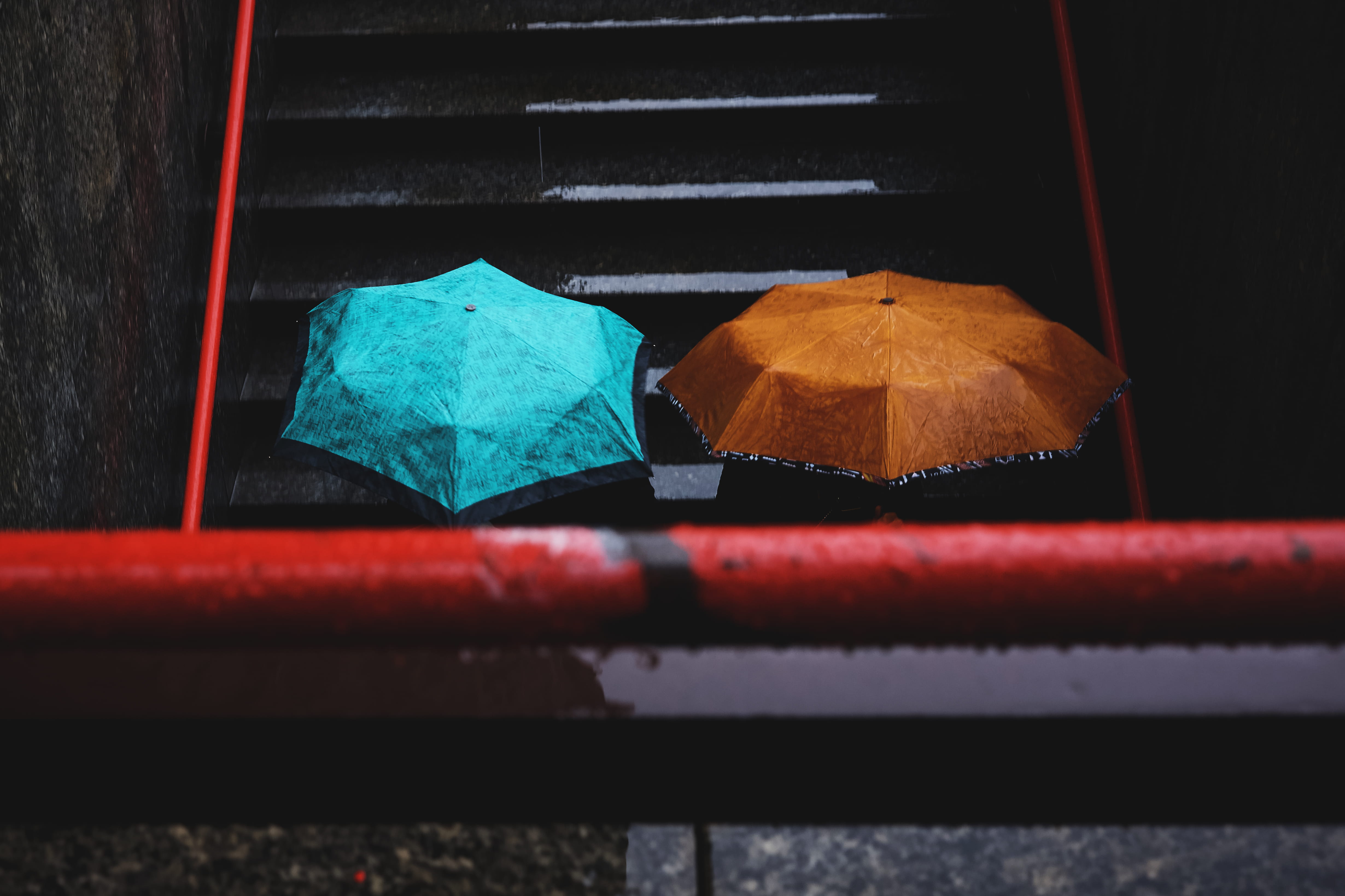 steps, focus on foreground, plant part, two, multi colored, rain, nature, car, holding, selective, change, red, metal, day, no people, raining, teal, absence, HD Wallpaper