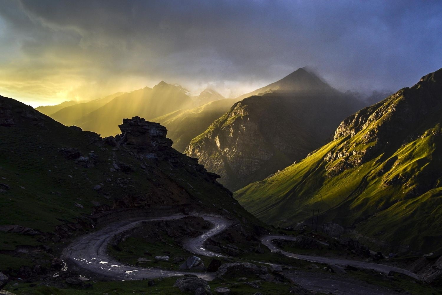 environment, mountain range, rain, no people, land, outdoors, fog, remote, geology, sky, cloud - sky, mountain peak, grass, landscape, rock, dirt road, HD Wallpaper