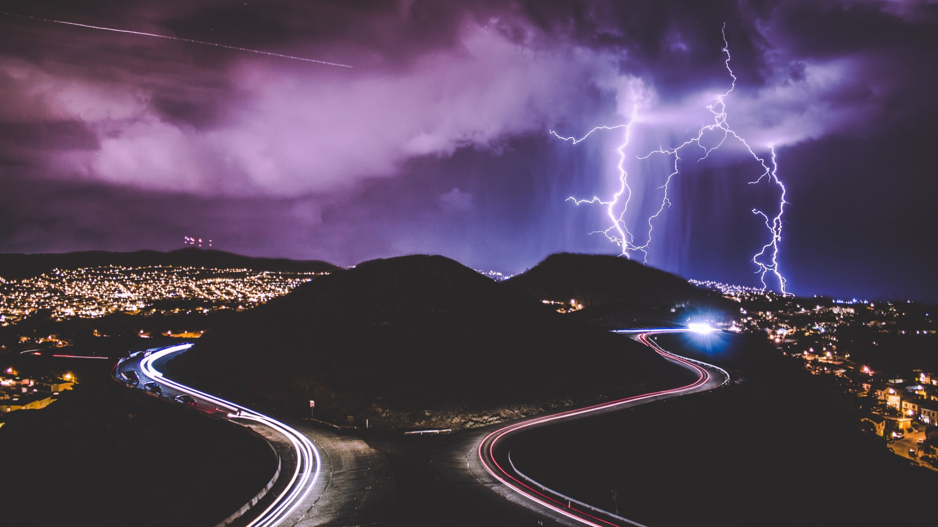 no people, environment, house, illuminated, sign, hill, night, cloud - sky, beauty in nature, power in nature, motion, purple, power, light trails, storm, HD Wallpaper