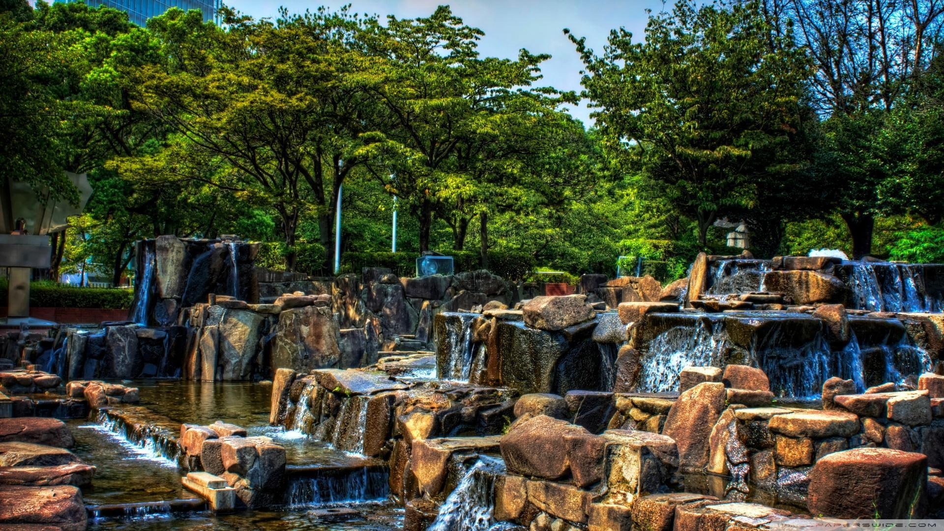 trees, nature and landscapes, water park, waterworld, 1080P, hdr, park, falls, japan, HD Wallpaper