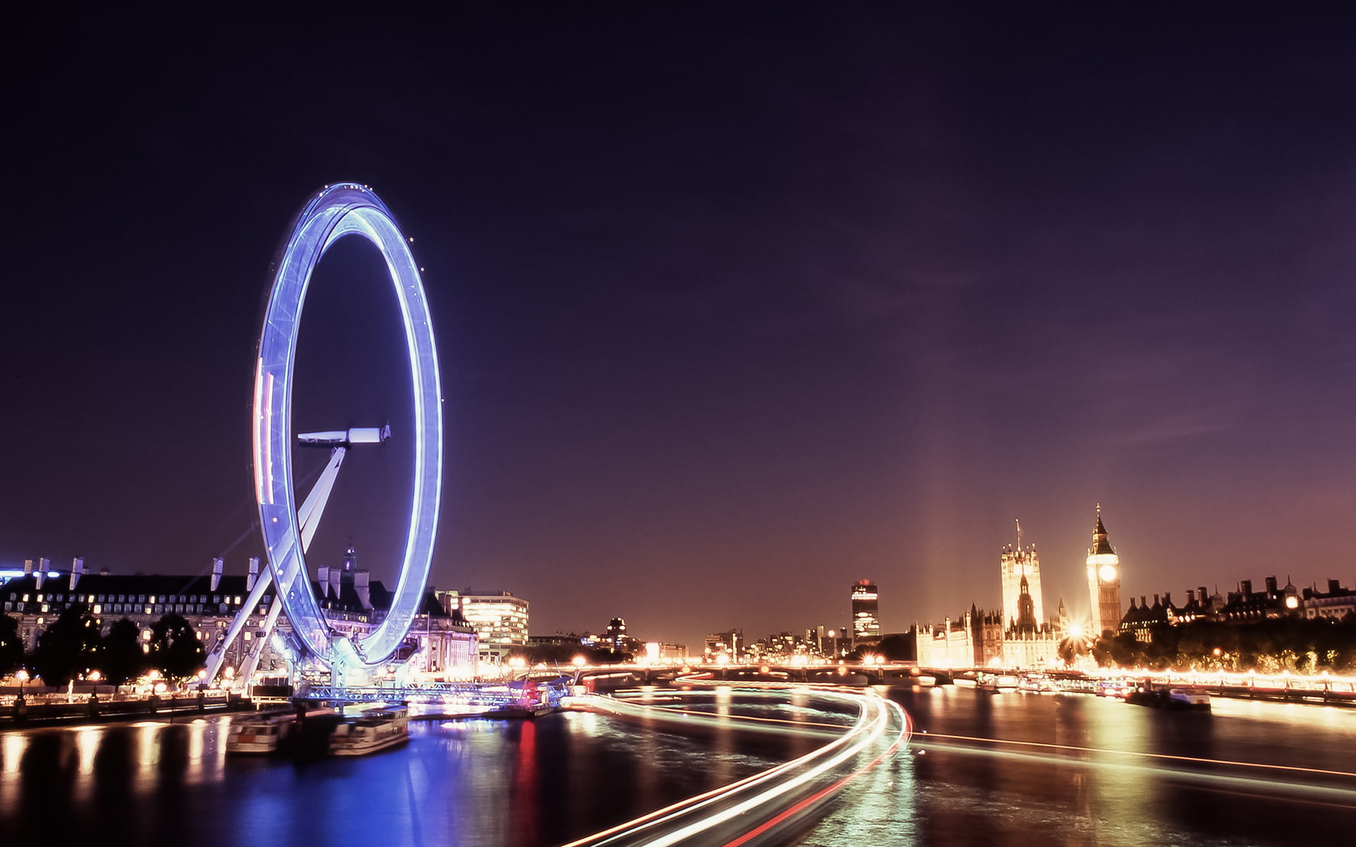 cityscape, ferris, 1080P, river, buildings, night, boats, hd, wheel, timelapse, london, ben, big, HD Wallpaper
