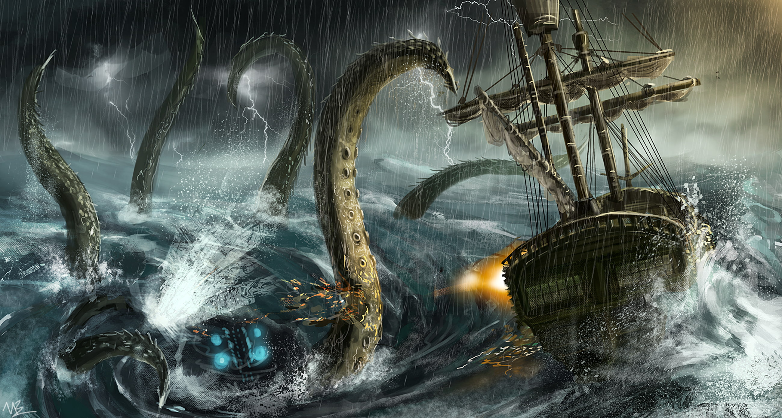 boat, lightning, Fantasy, big waves, sea monster, 2K, ocean, HD Wallpaper