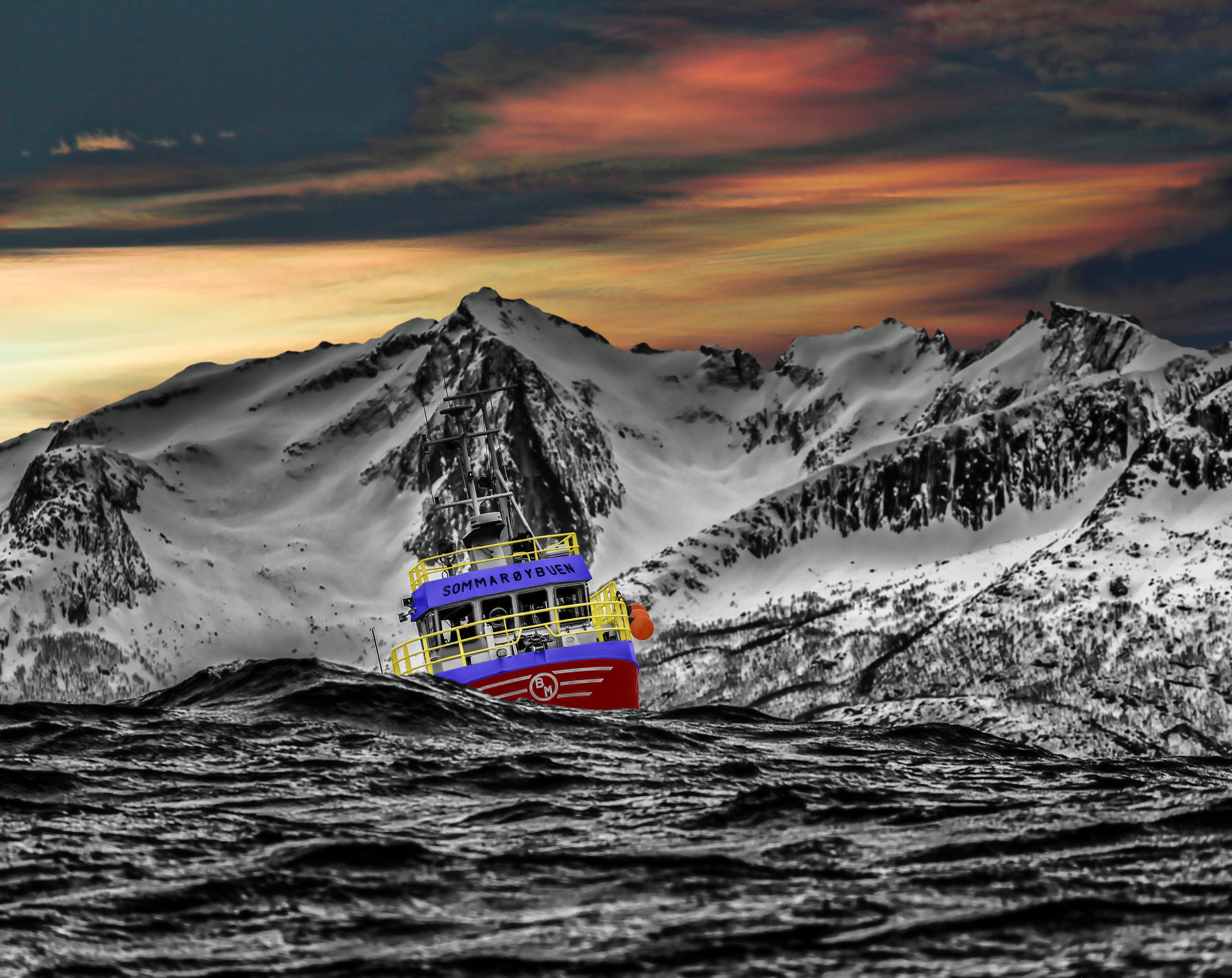 fishing boat, ship, rough seas, motion, mountain, 4K, transport, beauty in nature, sky, travel, tranquil scene, waves, journey, outdoors, waterfront, sea, HD Wallpaper