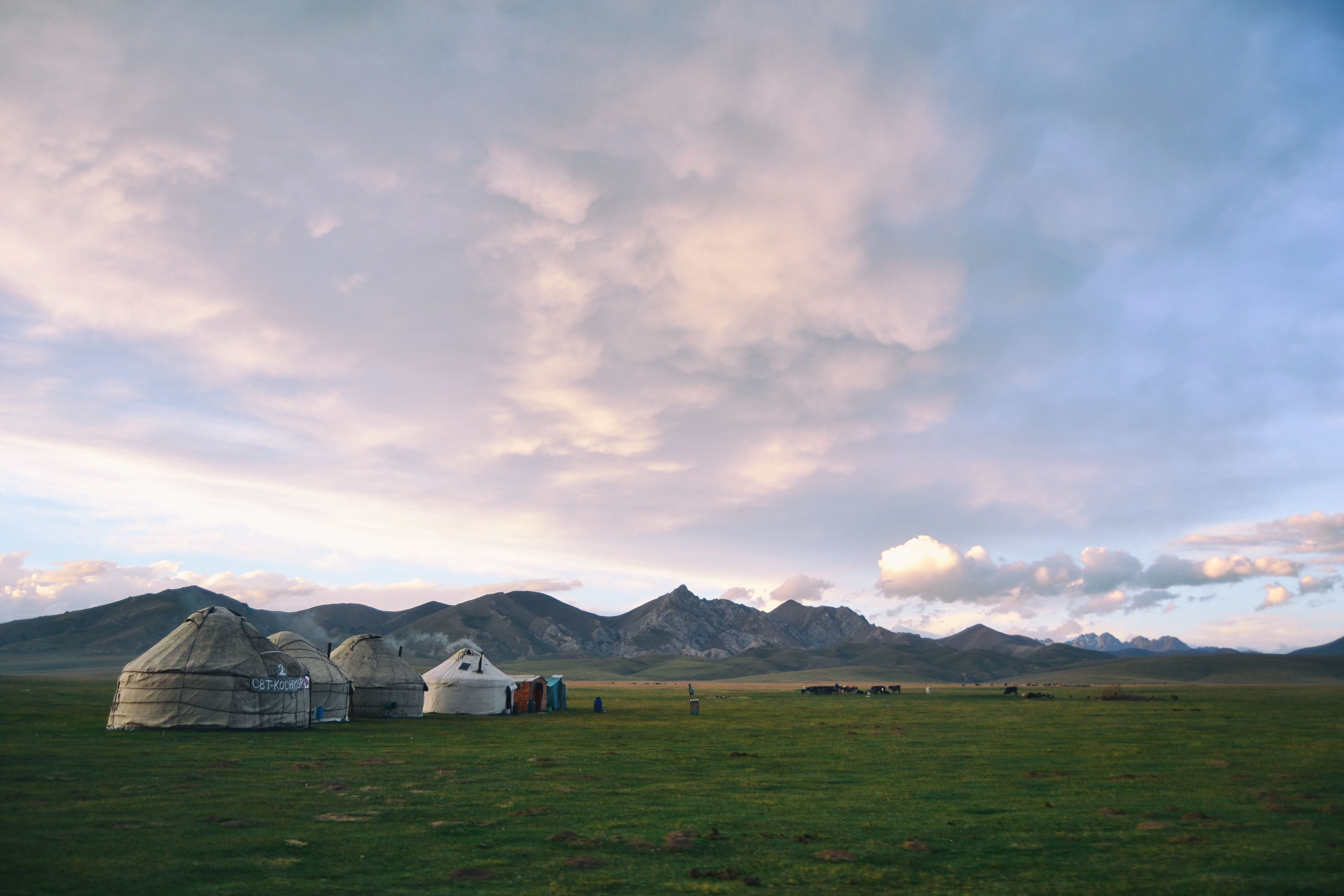 building, tranquil scene, cloud - sky, architecture, nature, mountain range, building exterior, yurtas, scenics - nature, beauty in nature, nomads, land, HD Wallpaper
