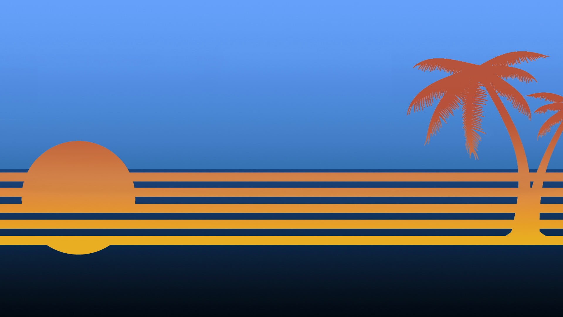 bed, Sun, shape, lines, day, copy space, sea, palm trees, symbol, digital art, no people, sky, architecture, red, clear sky, blue, yellow, horizon, orange, HD Wallpaper