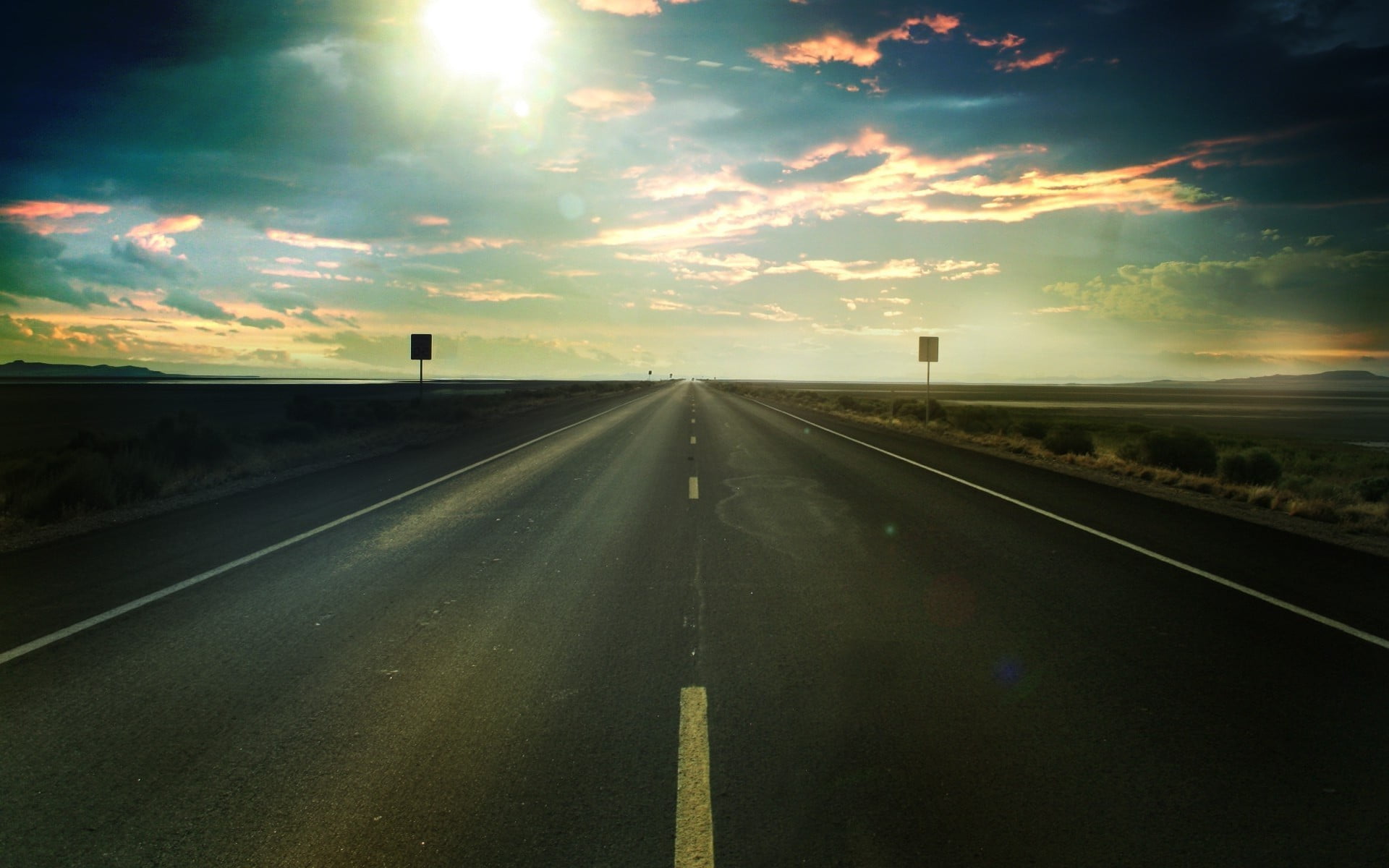nature, landscape, outdoors, vanishing point, dividing line, highway, road, sign, marking, road marking, diminishing perspective, cloud - sky, horizon over land, HD Wallpaper