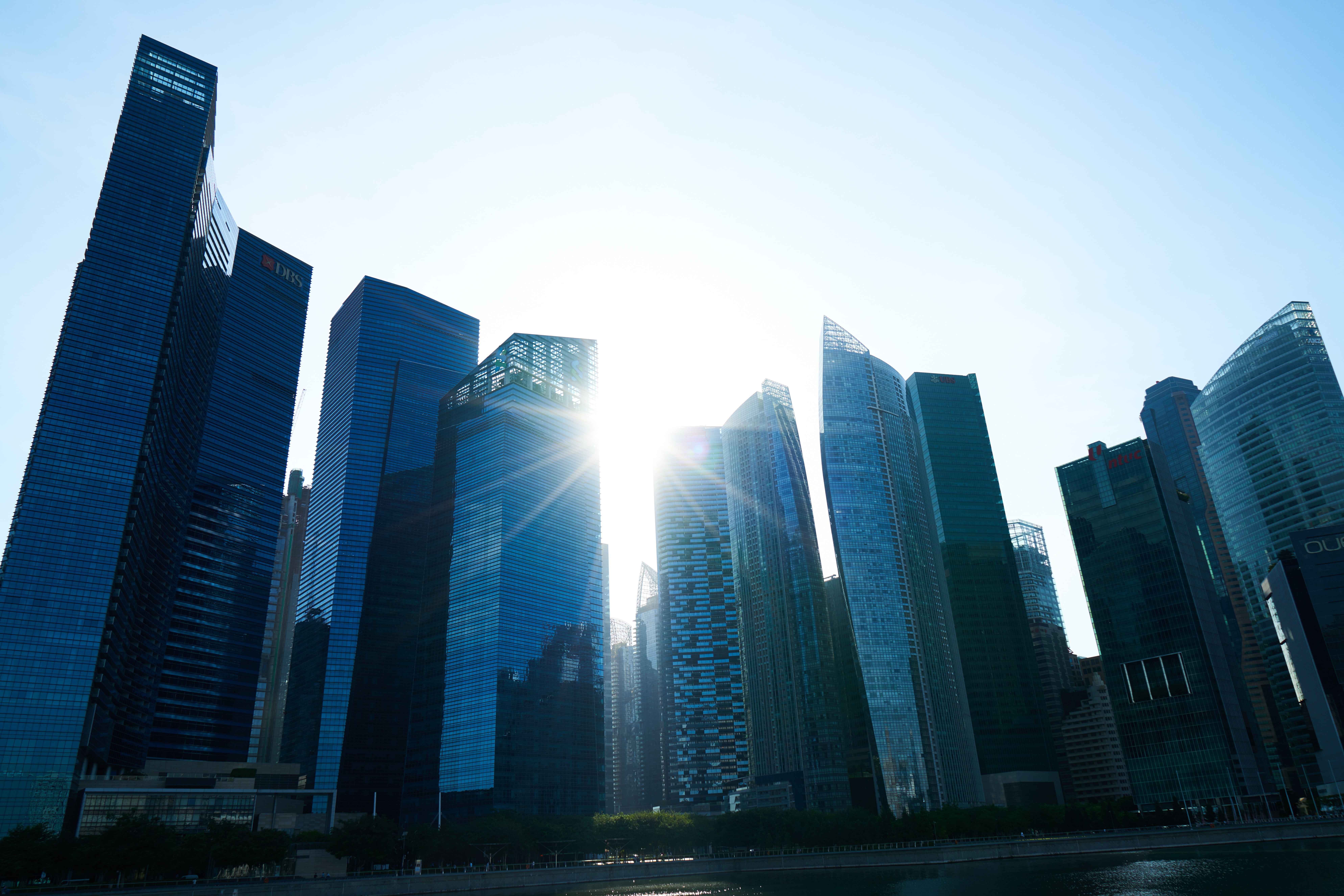 perspective, city, reverse light, bright, high, office, modern, building exterior, clear sky, tall - high, city life, luxury, day, nature, solar, magnificent, HD Wallpaper