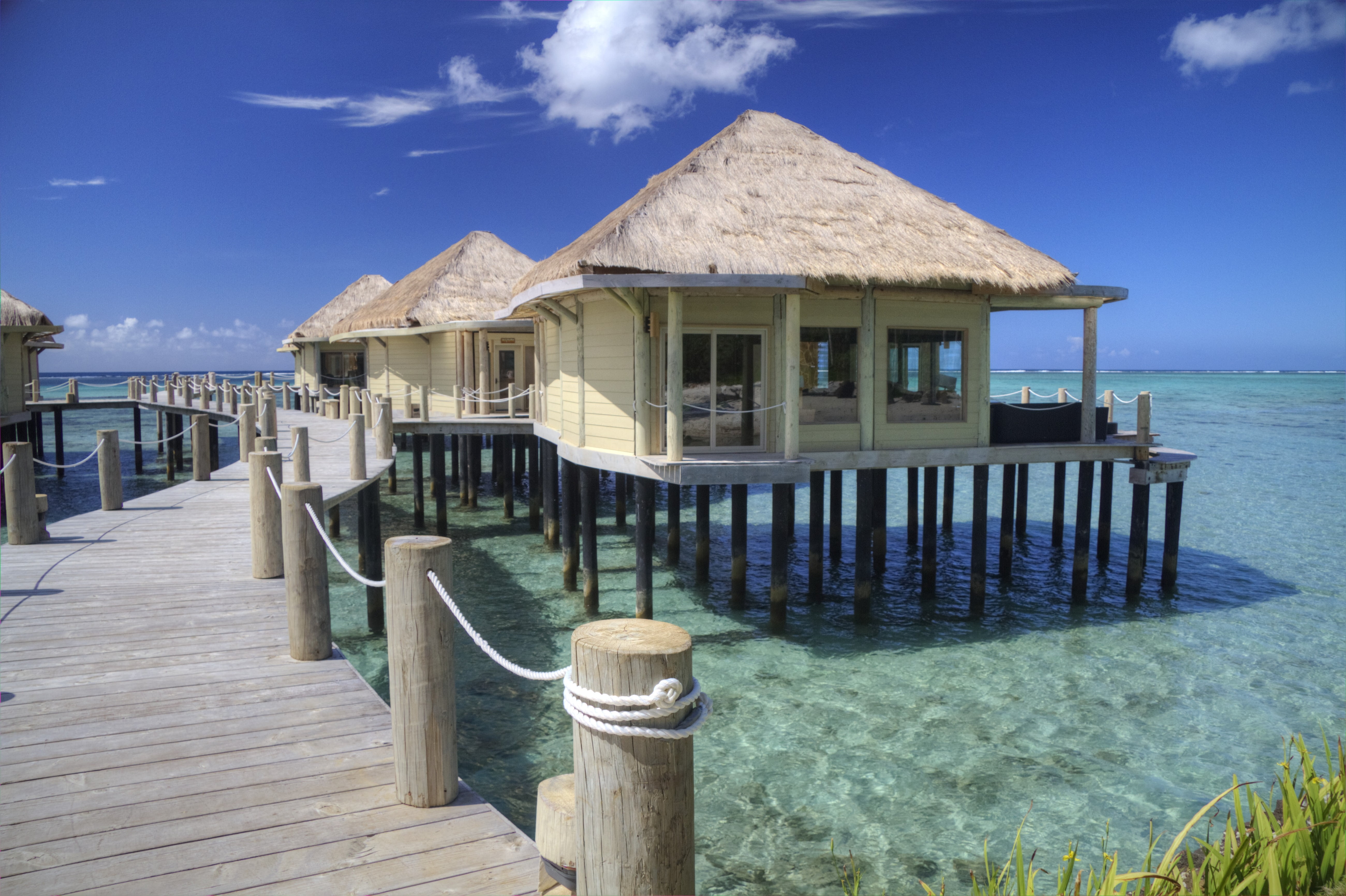 house, paradise, no people, water, idyllic, sea, thatched roof, travel, body, tourist Resort, samoa, 5K, summer, beach hut, luxury, stilt house, near, HD Wallpaper