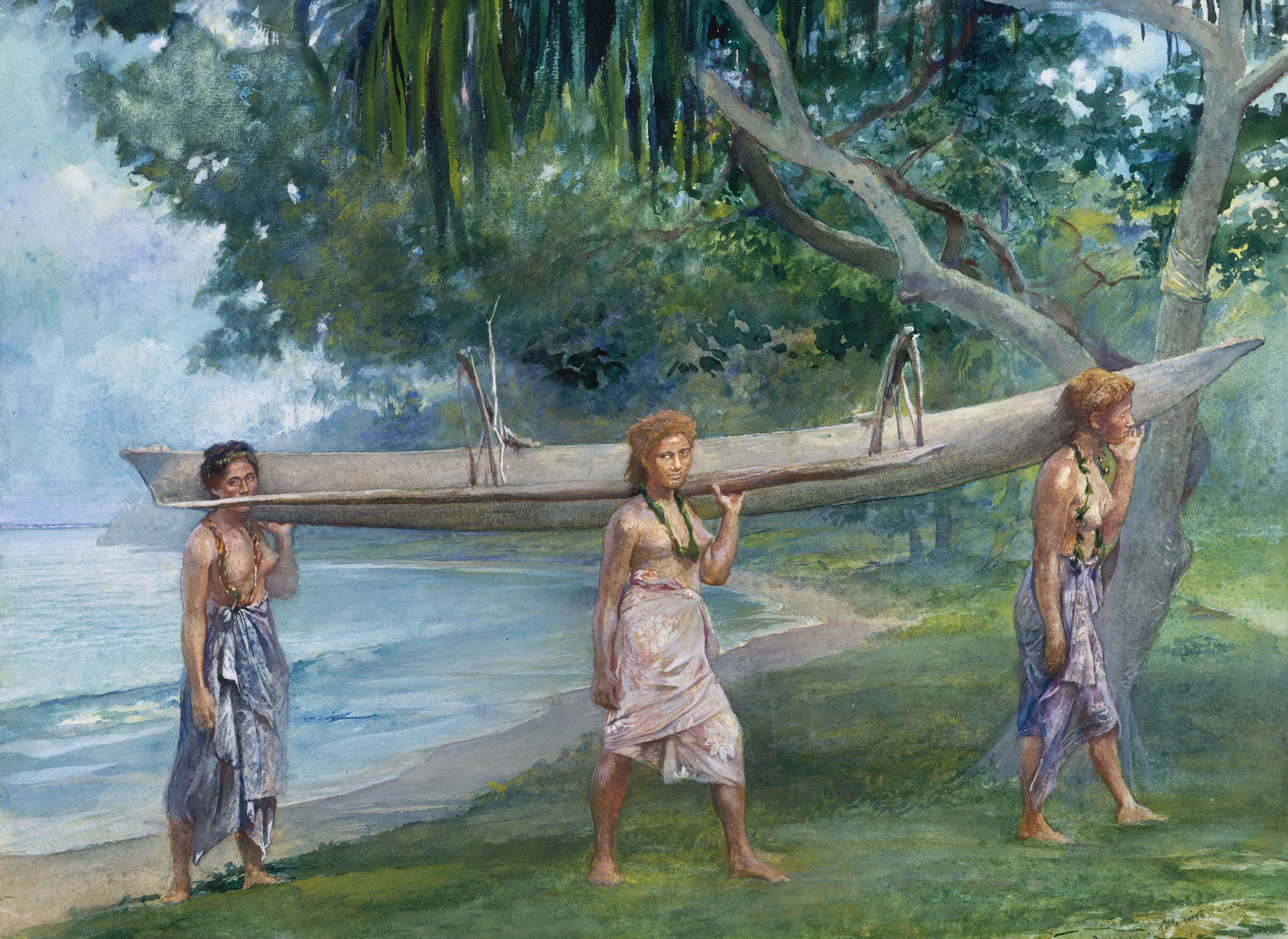Vaiala in Samoa, 2K, figure, John La Farge, watercolor, Girls carrying a canoe, HD Wallpaper