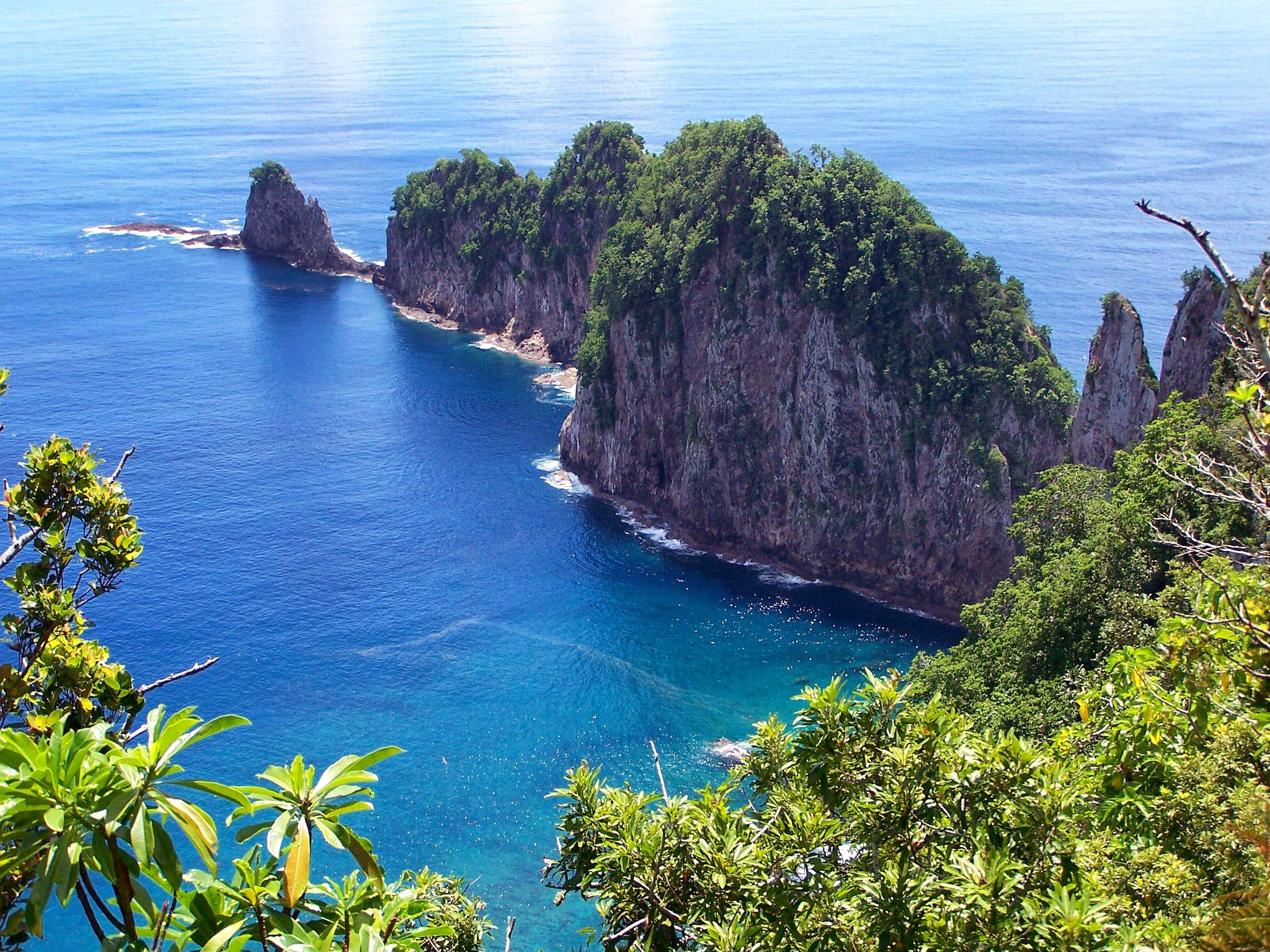 water, plant, beach, sky, turquoise colored, tranquility, destinations, outside, island, sea, mountain, tree, horizon over water, 2K, bay, american samoa, HD Wallpaper
