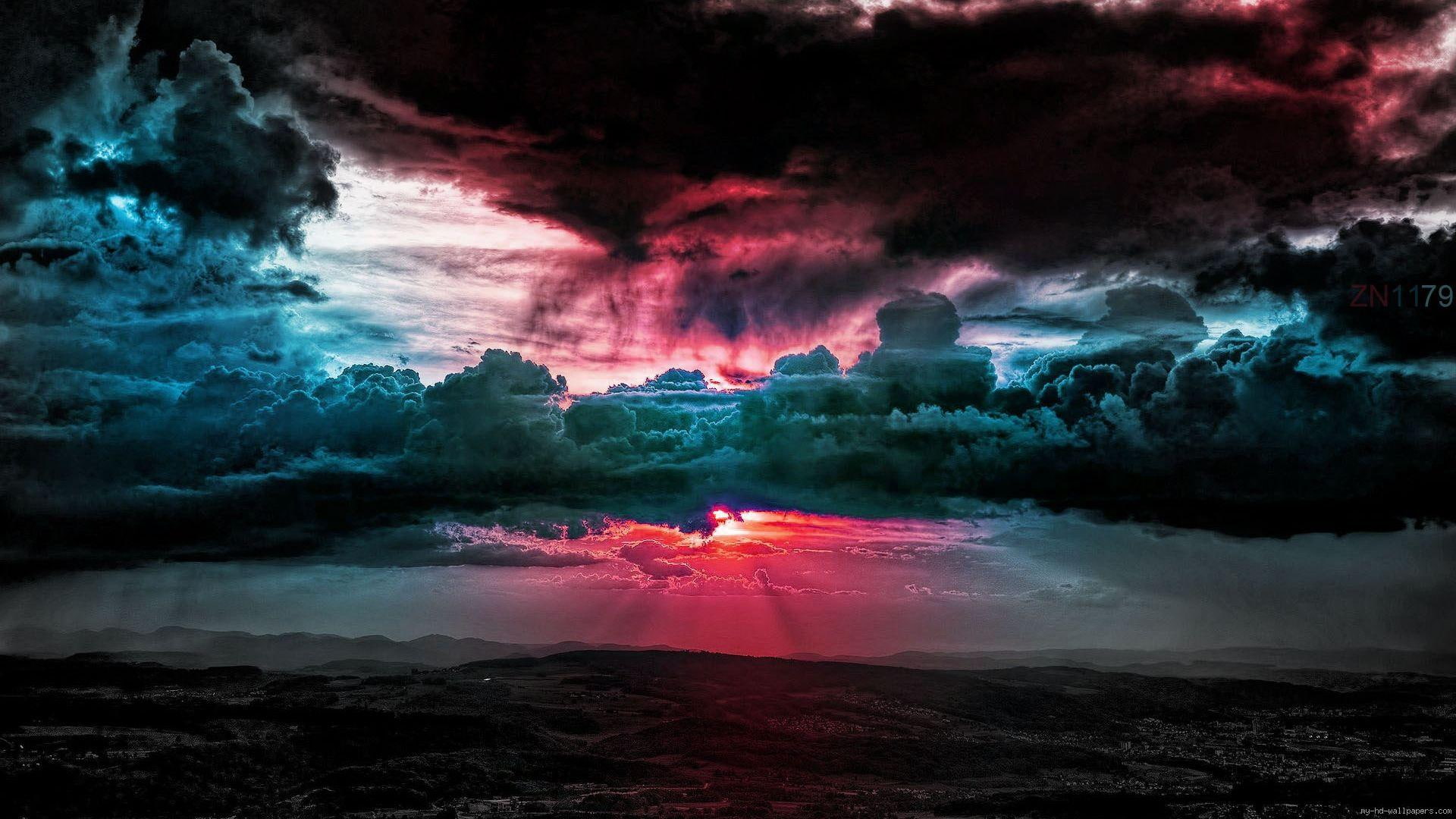 pink, sunset, behind, landscape, blue, clouds, black, graphic, 1080P, cloud, HD Wallpaper