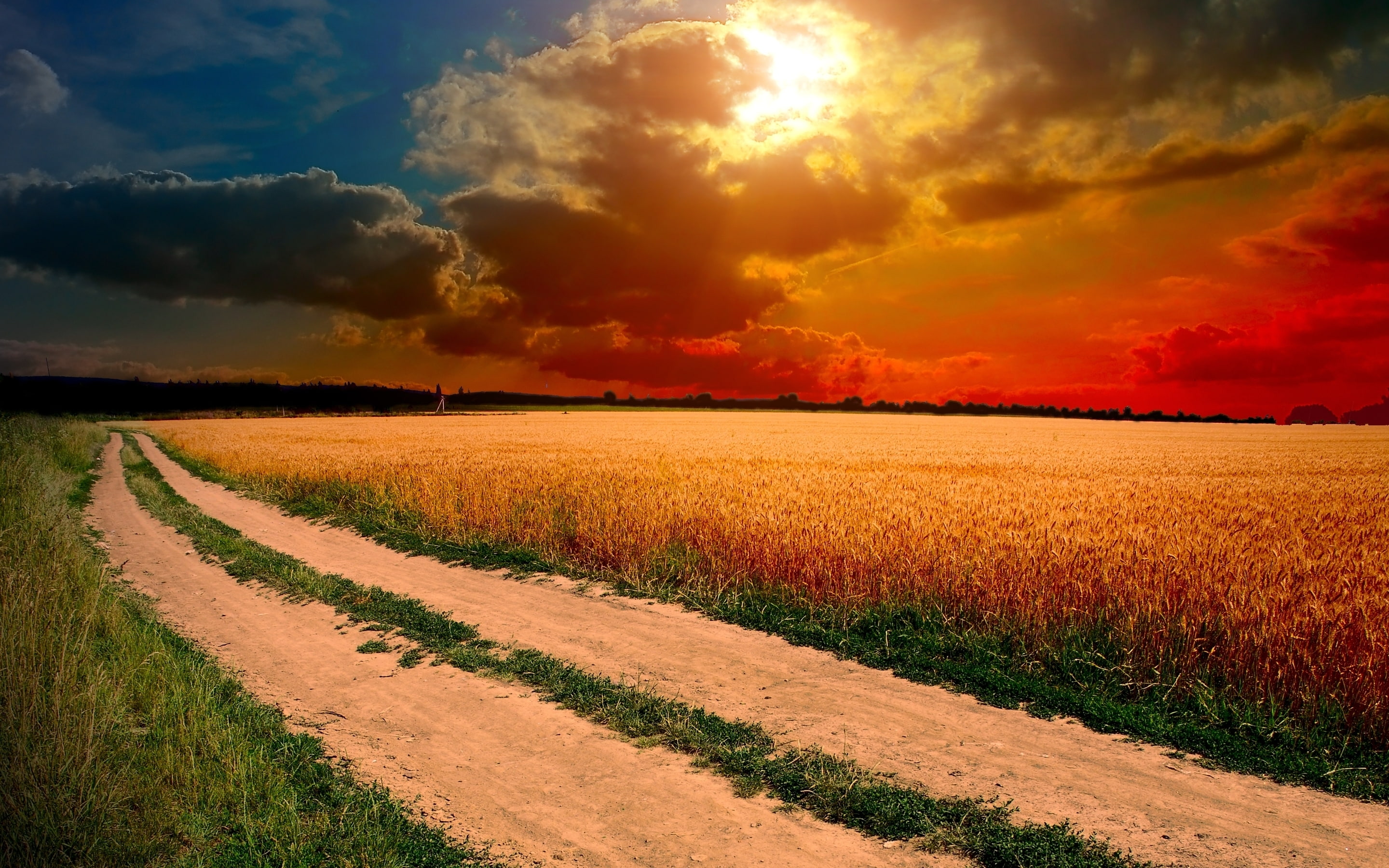 hdr landscape, behind, clouds, sunset, sun, view, 2K, red sky, HD Wallpaper