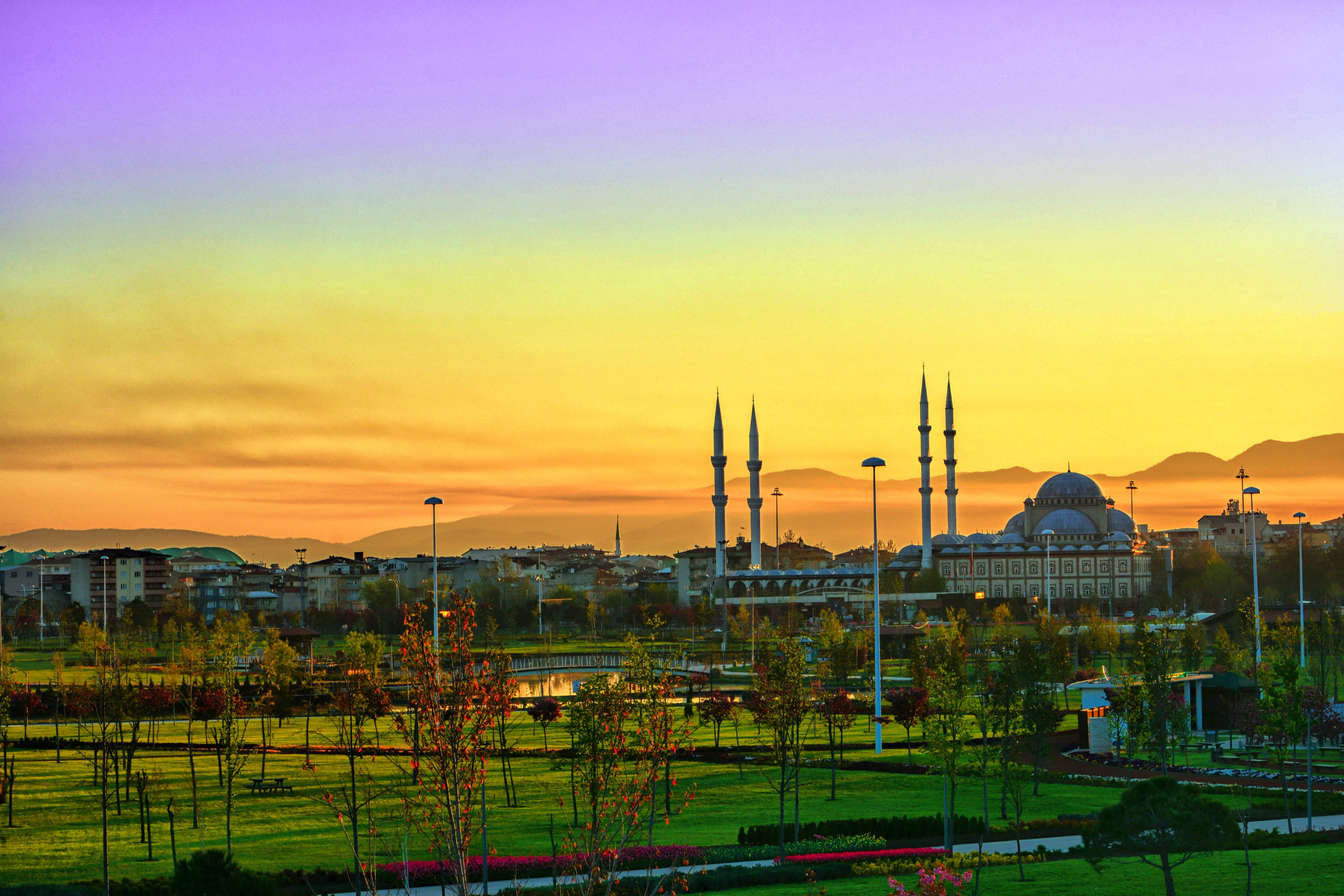nature, greens, built structure, park, sunrise, purple, near, cami, sky, light, outdoor, blue, garden, turkey, outdoors, scenics - nature, building, city, HD Wallpaper