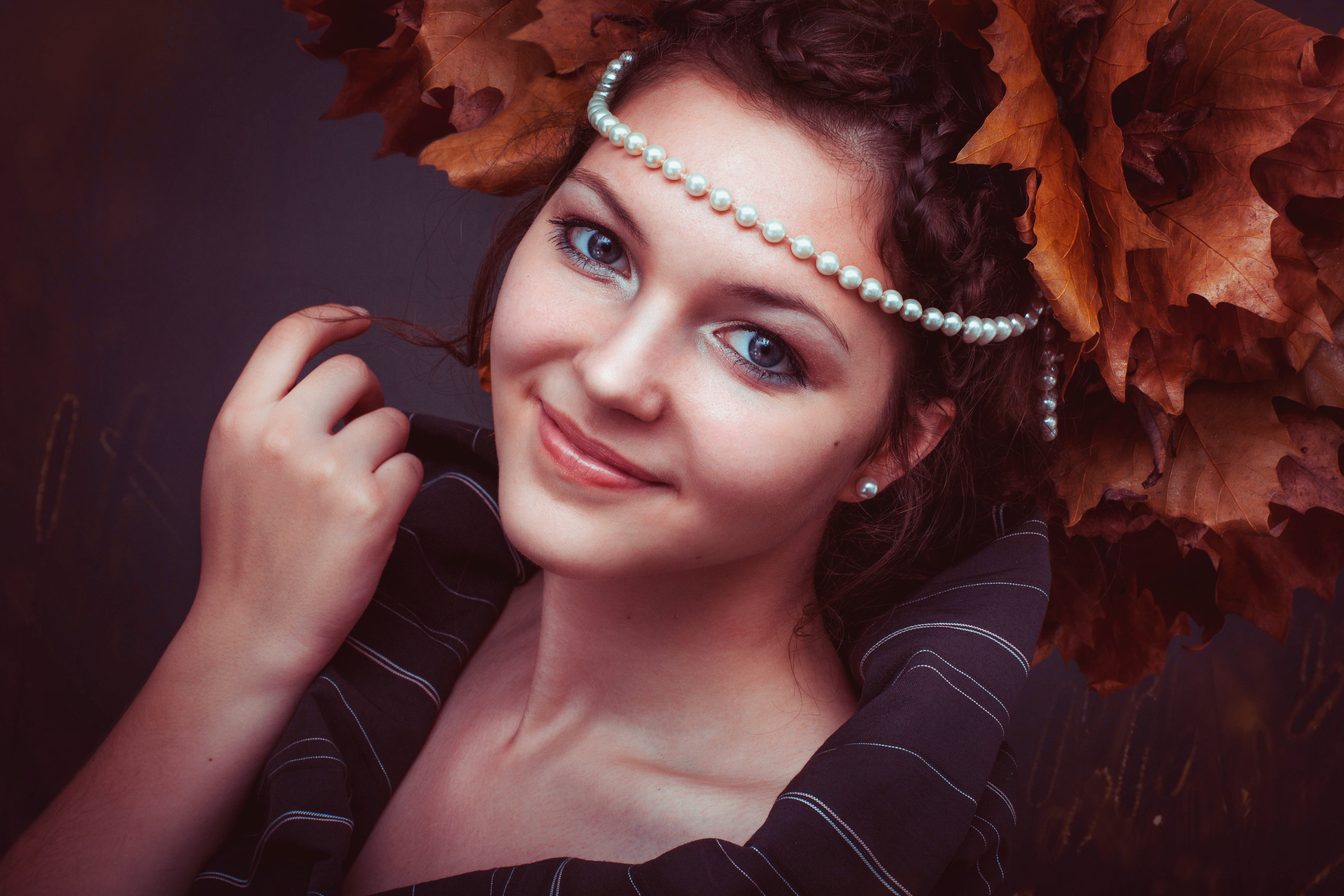 person, hairstyle, posing, adult, pearls, stylish, close-up, beauty, women, smiling, beads, eyes, headdress, beautiful woman, pretty, lips, indoors, photoshoot, HD Wallpaper