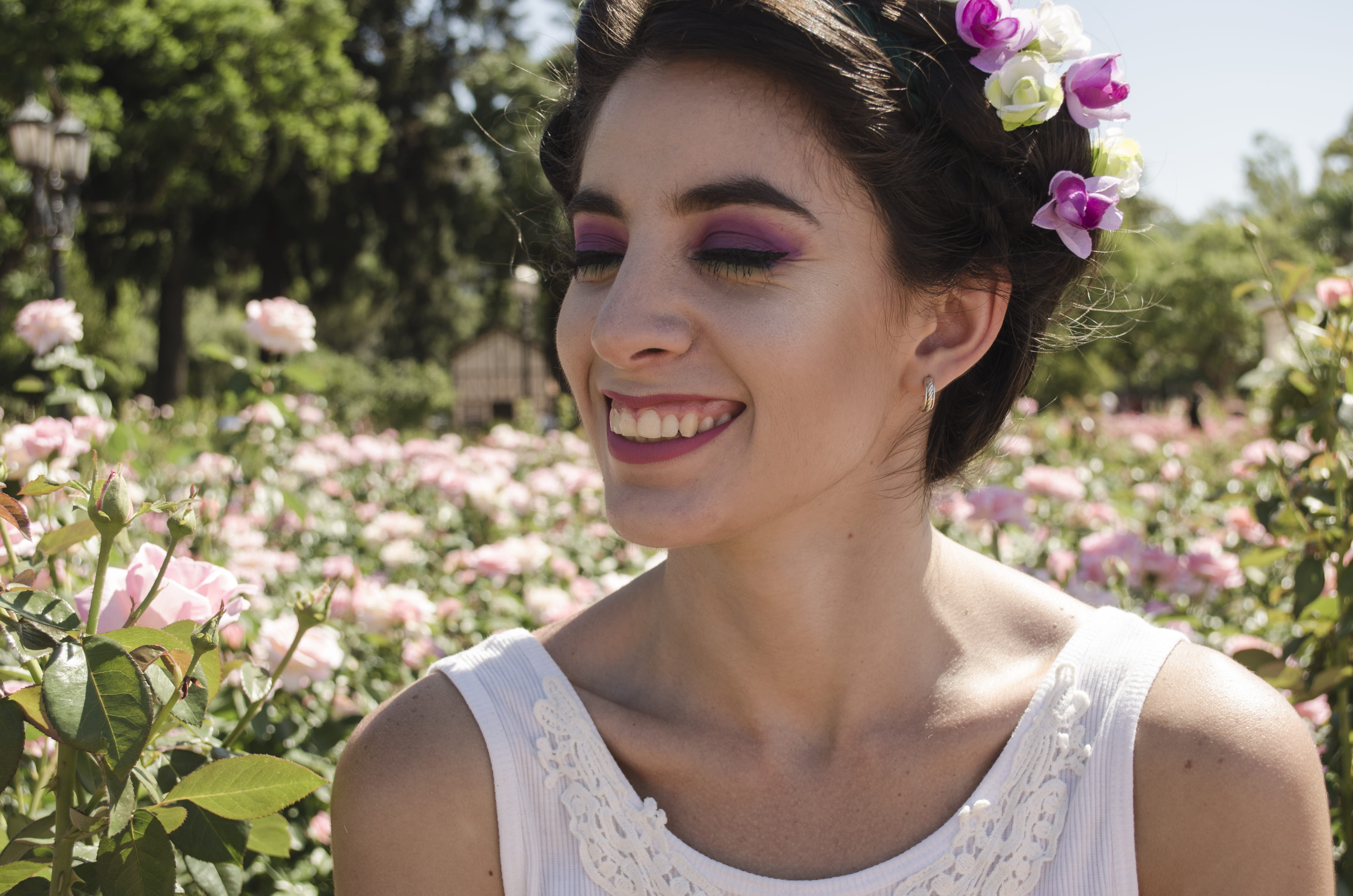 emotion, top, front view, make up, close -up, beautiful flowers, daytime, trees, tank, beauty, face, stylish, dress, hair, outdoors, white, lady, portrait, HD Wallpaper