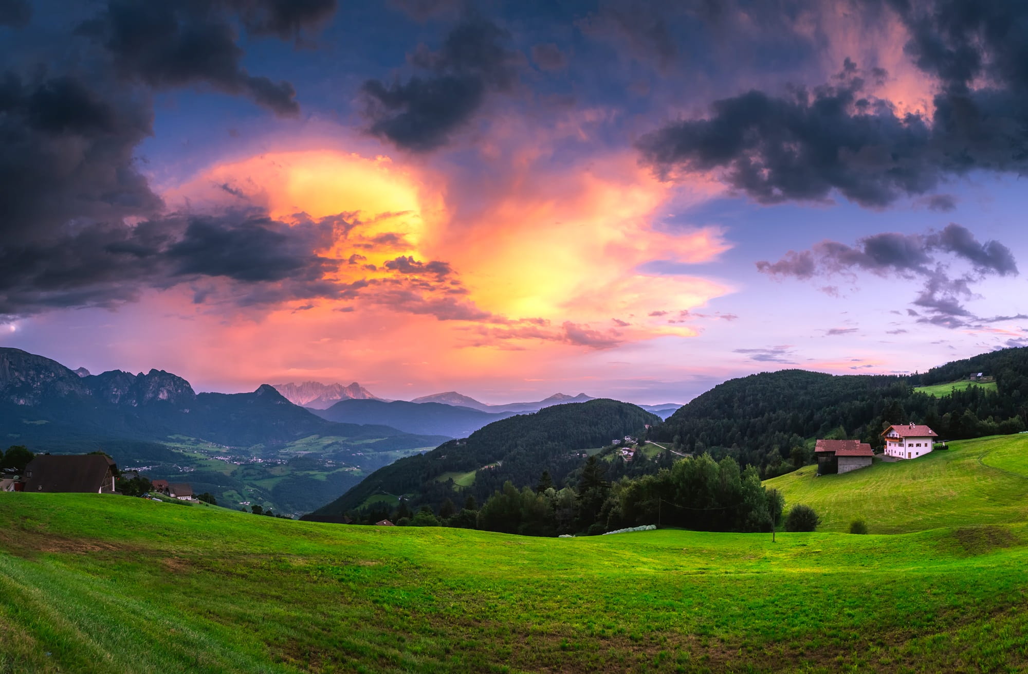 scenics - nature, forest, woods, farm, 1080P, plant, nature, cloudy, hill, cloud - sky, grass, idyllic, sun, mountain, mountain peak, no people, field, HD Wallpaper
