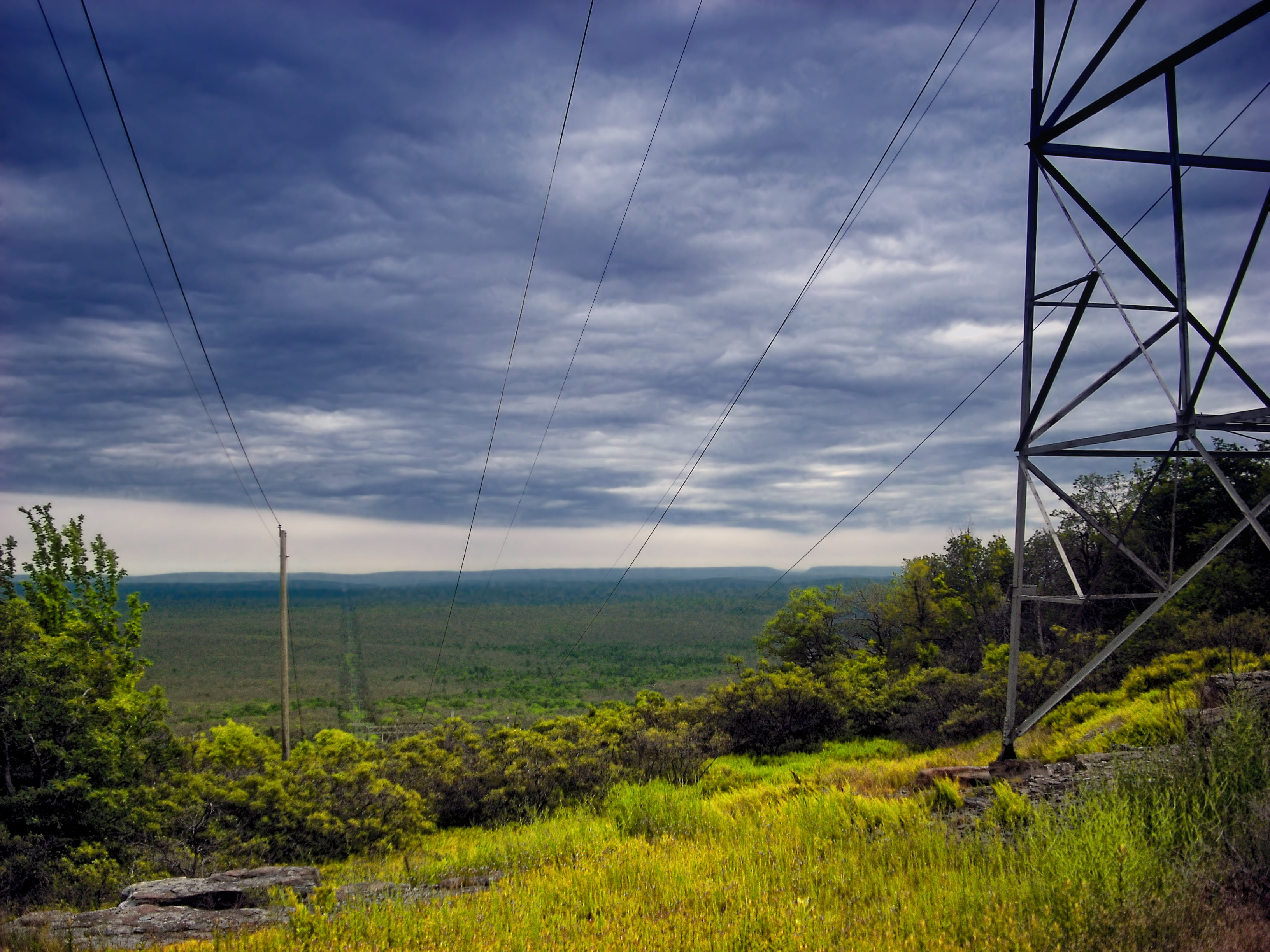 summer, landscape, plateau, nimbostratus, metal, field, low light, Pike County, clouds, hiking, High Knob, Pennsylvania, tower, nature, gray, green, nice, HD Wallpaper