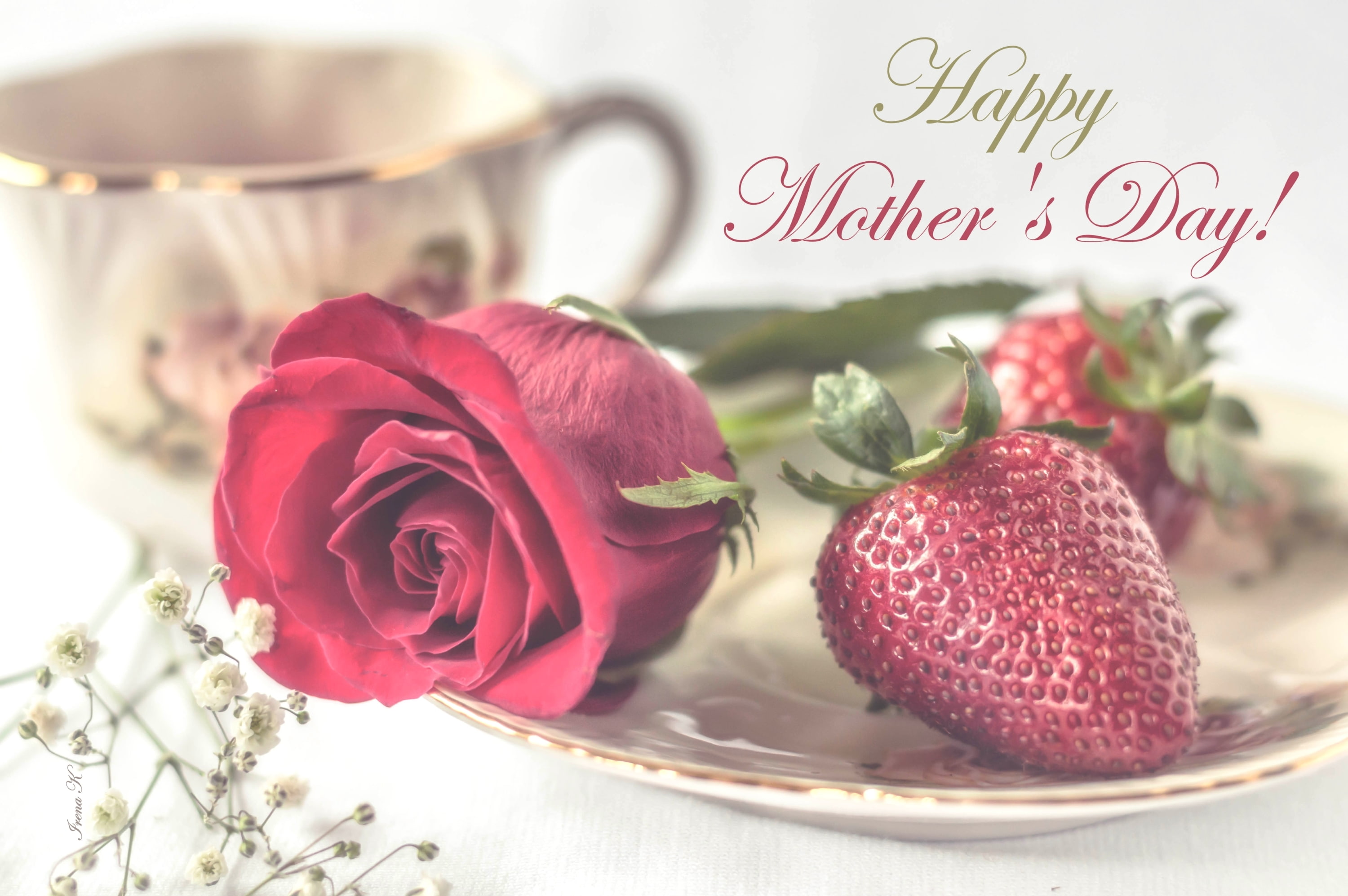 no people, table, text, plant, flower head, nature, Strawberry, fruit, red, rose - flower, communication, flowering plant, Happy Mothers Day, food, western script, HD Wallpaper