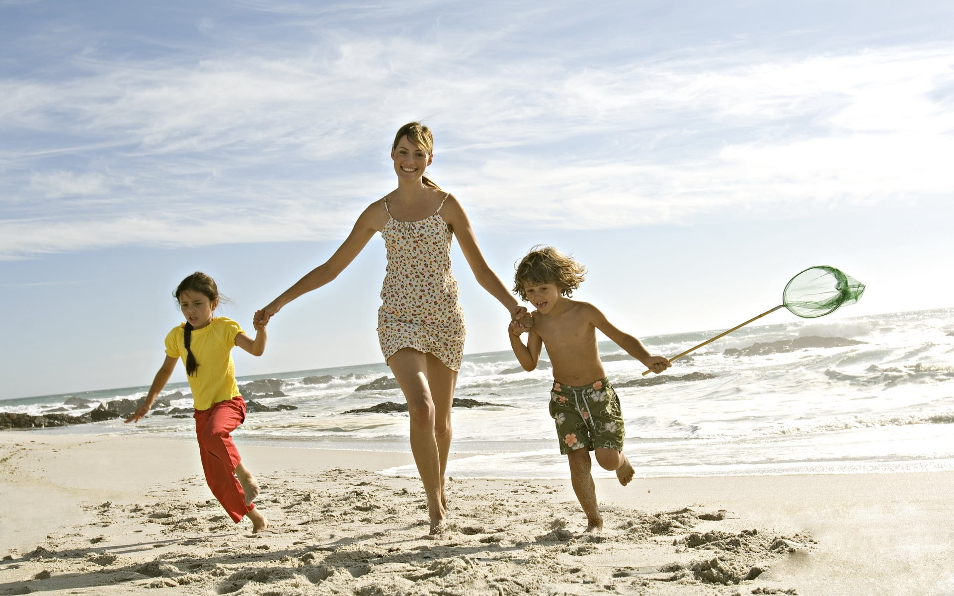 playing, happiness, child, emotion, children, shore, men, sea, full Length, girls, people, leisure Activity, summer, sunlight, yellow, top, parent, carefree, HD Wallpaper
