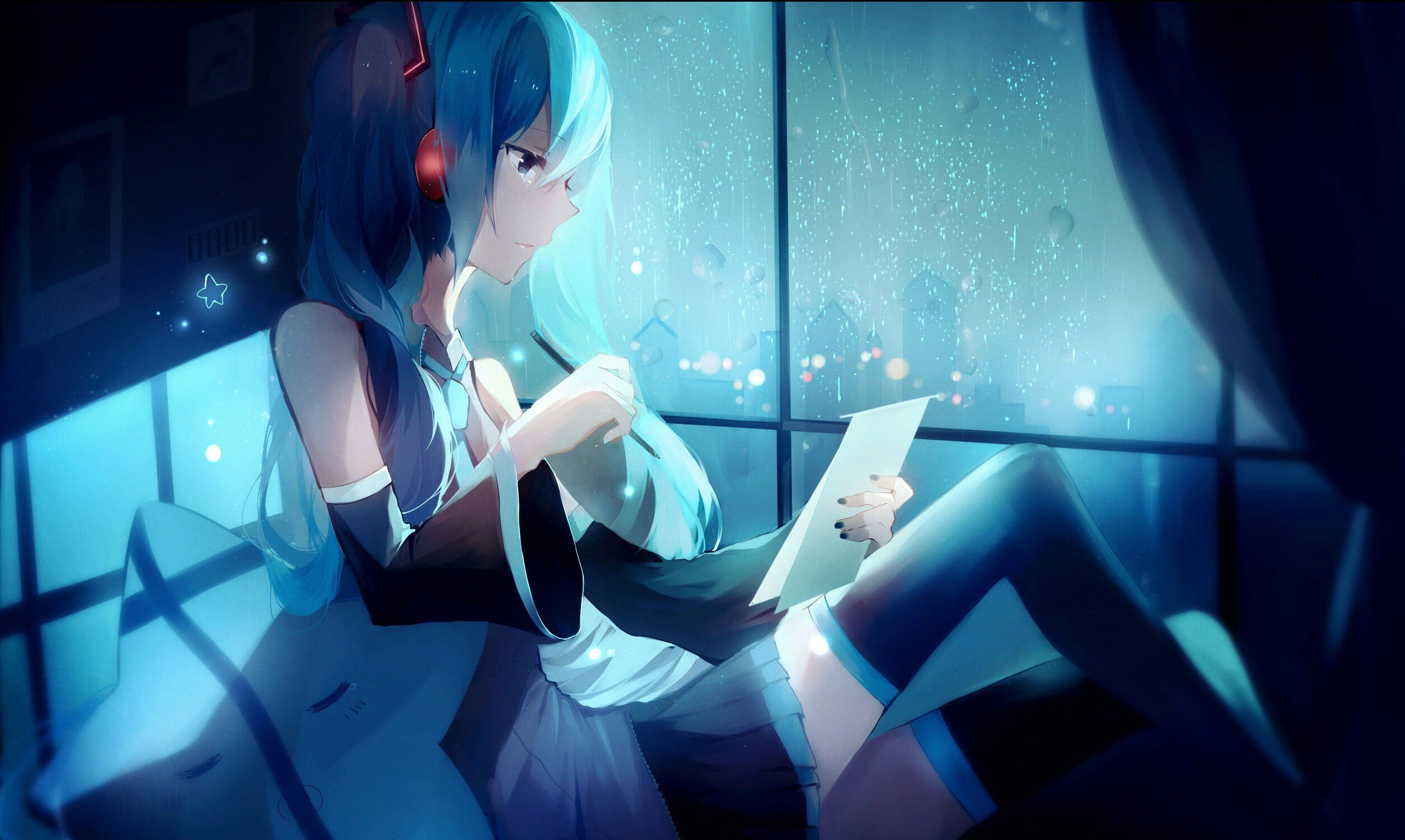 young women, clothing, illuminated, futuristic, girl, rain, computer, women, one Person, communication, business, occupation, females, holding, hatsune miku, HD Wallpaper