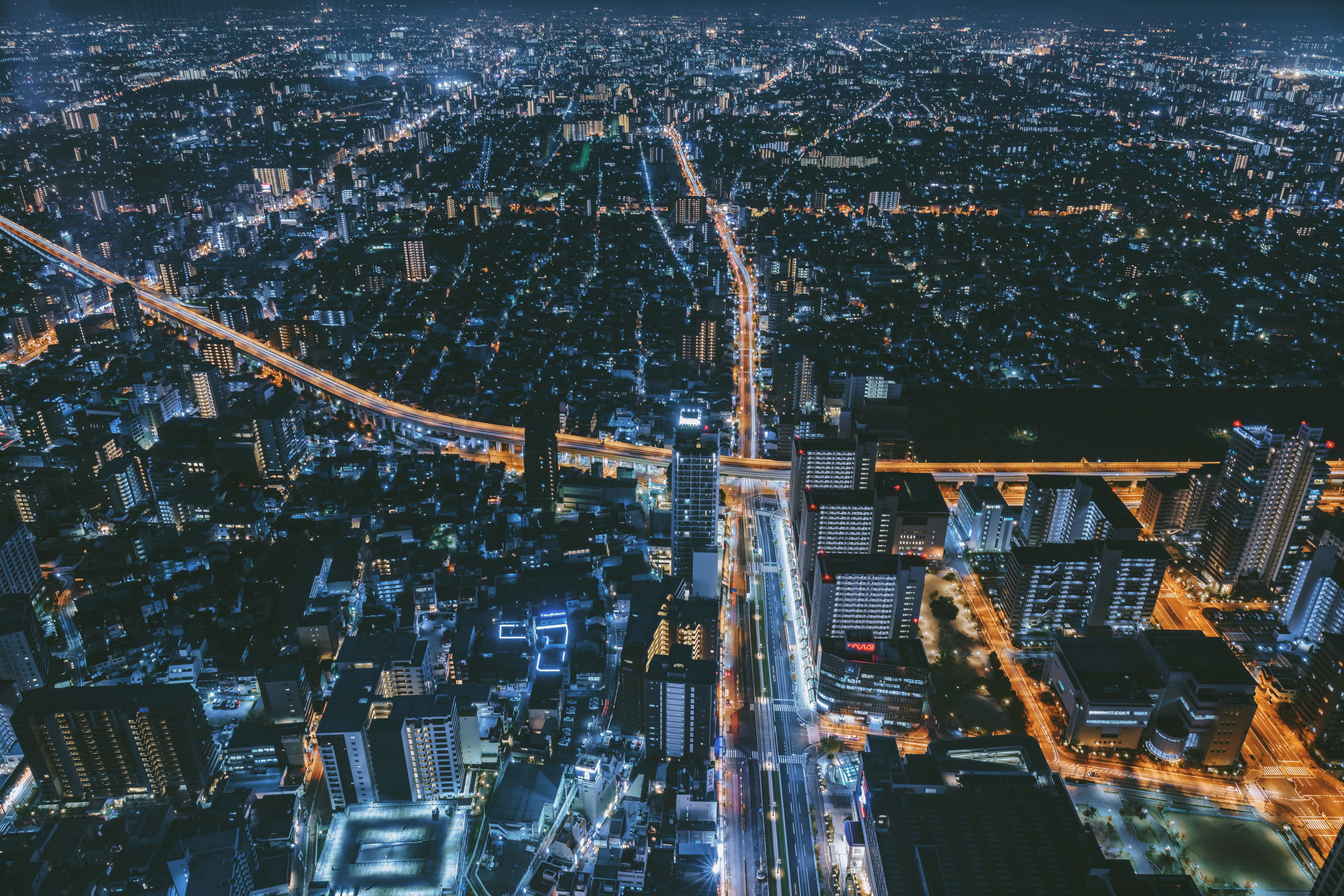 skyscraper, building, connection, top view, japan, aerial view, illuminated, outdoors, night city, travel destinations, high angle view, office building exterior, HD Wallpaper