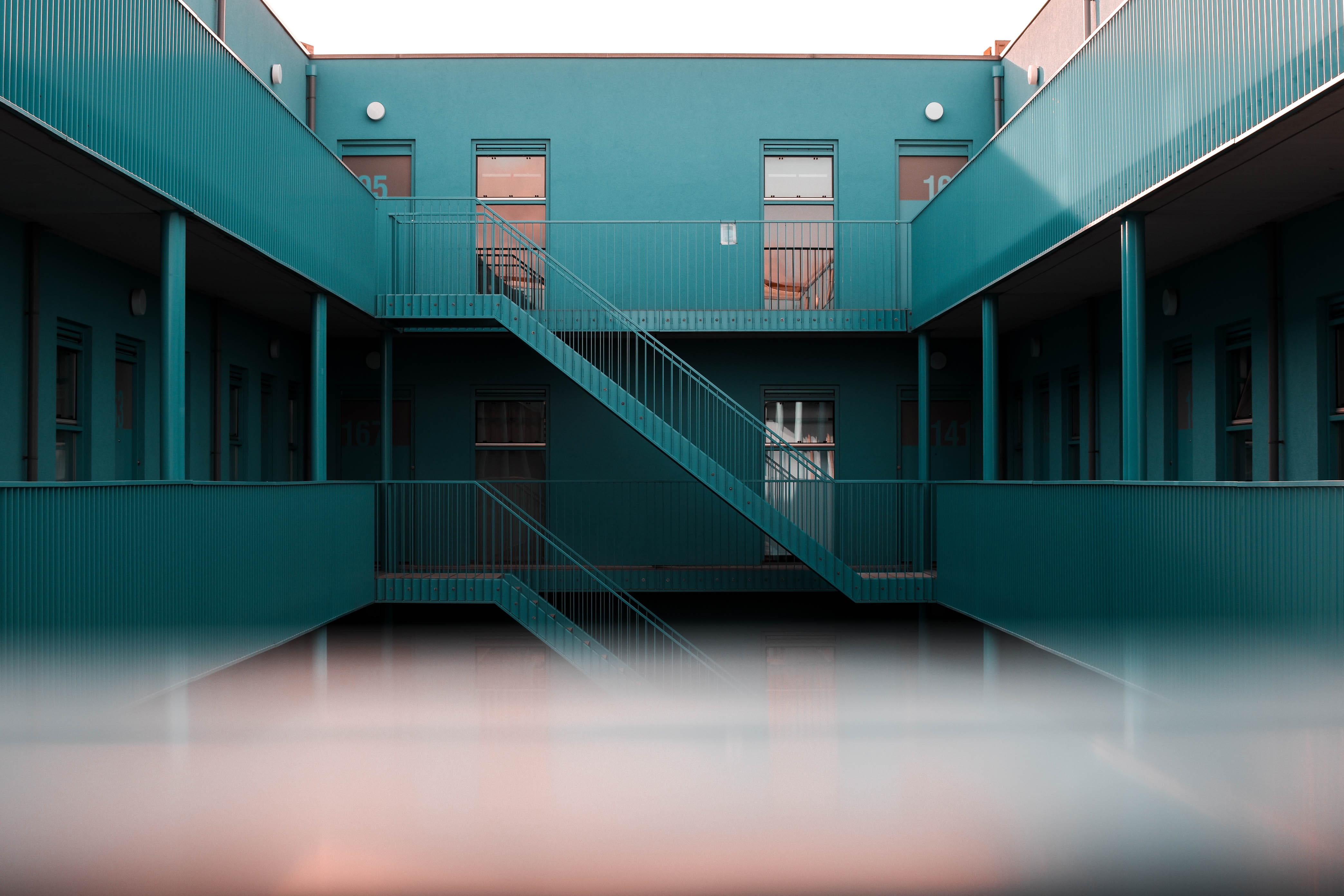 blue, doors, inside, architecture, railing, illuminated, corridor, built structure, empty, flooring, glass - material, green color, window, outdoors, cyan, HD Wallpaper
