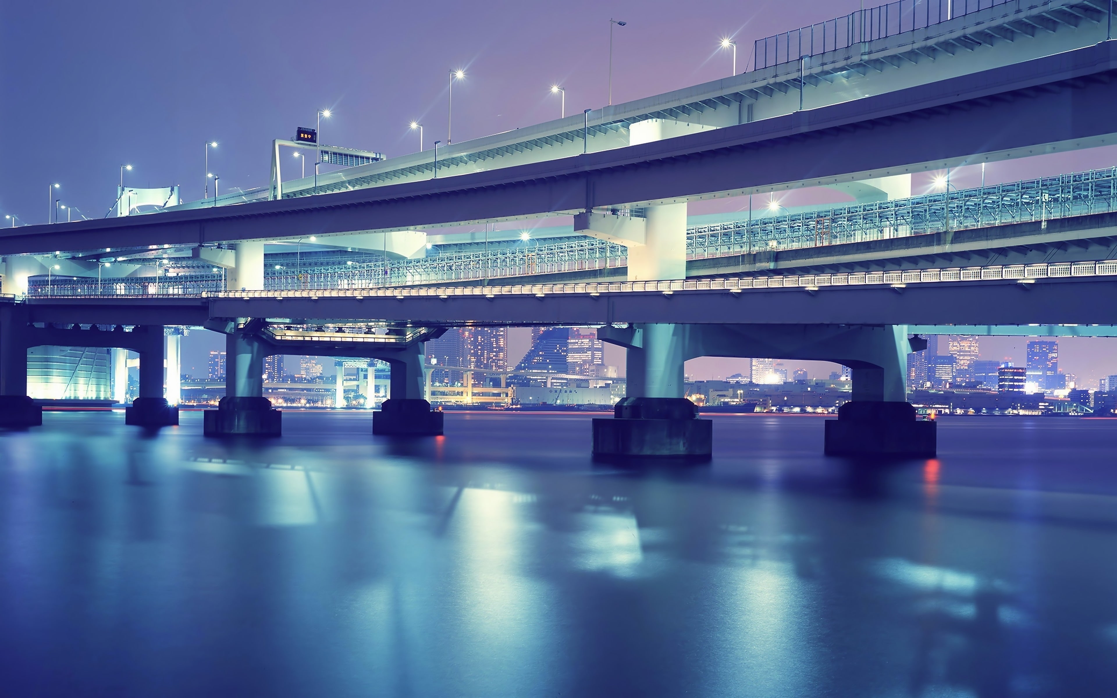 city, 4K, blue, city lights, water, violet, cyan, night, bridge, HD Wallpaper