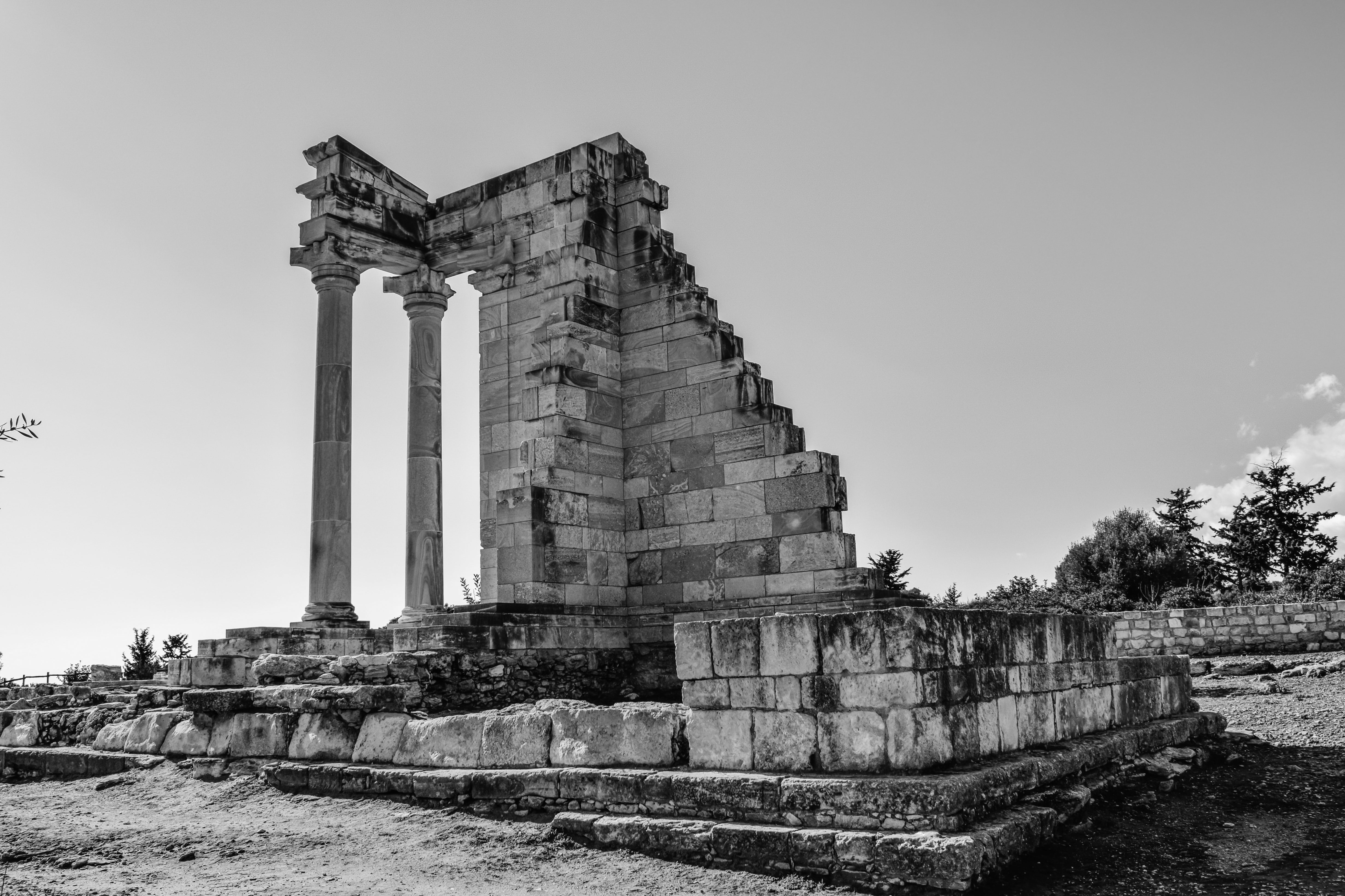 ruins, history, mediterranean, black and white, 1st century ad, building, built structure, day, photography, historic, tourism, cyprus, archaeological, HD Wallpaper