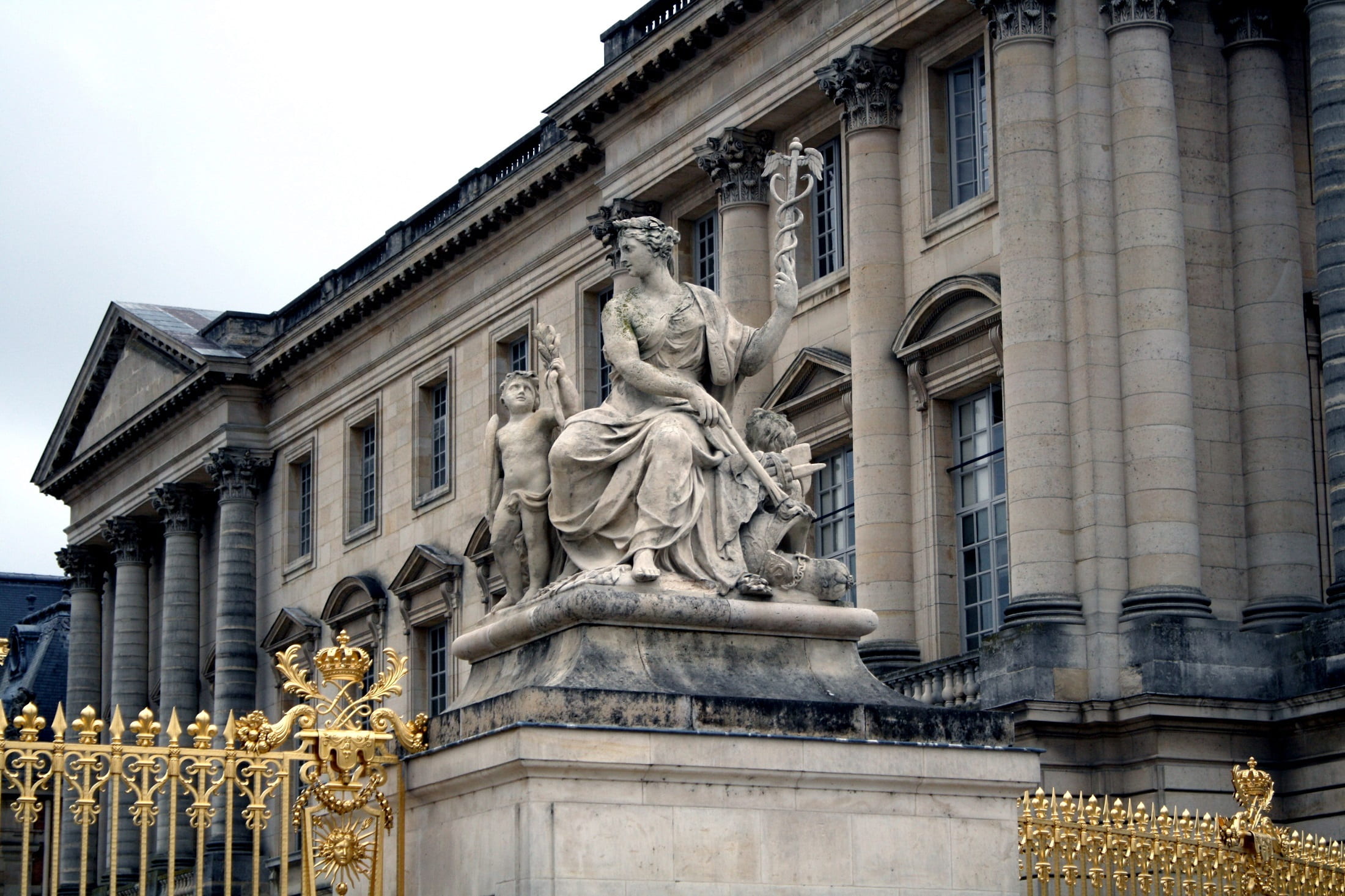 window, human representation, statue, female likeness, representation, royalty, fence, architecture, low angle view, art and craft, versailles, residence, HD Wallpaper