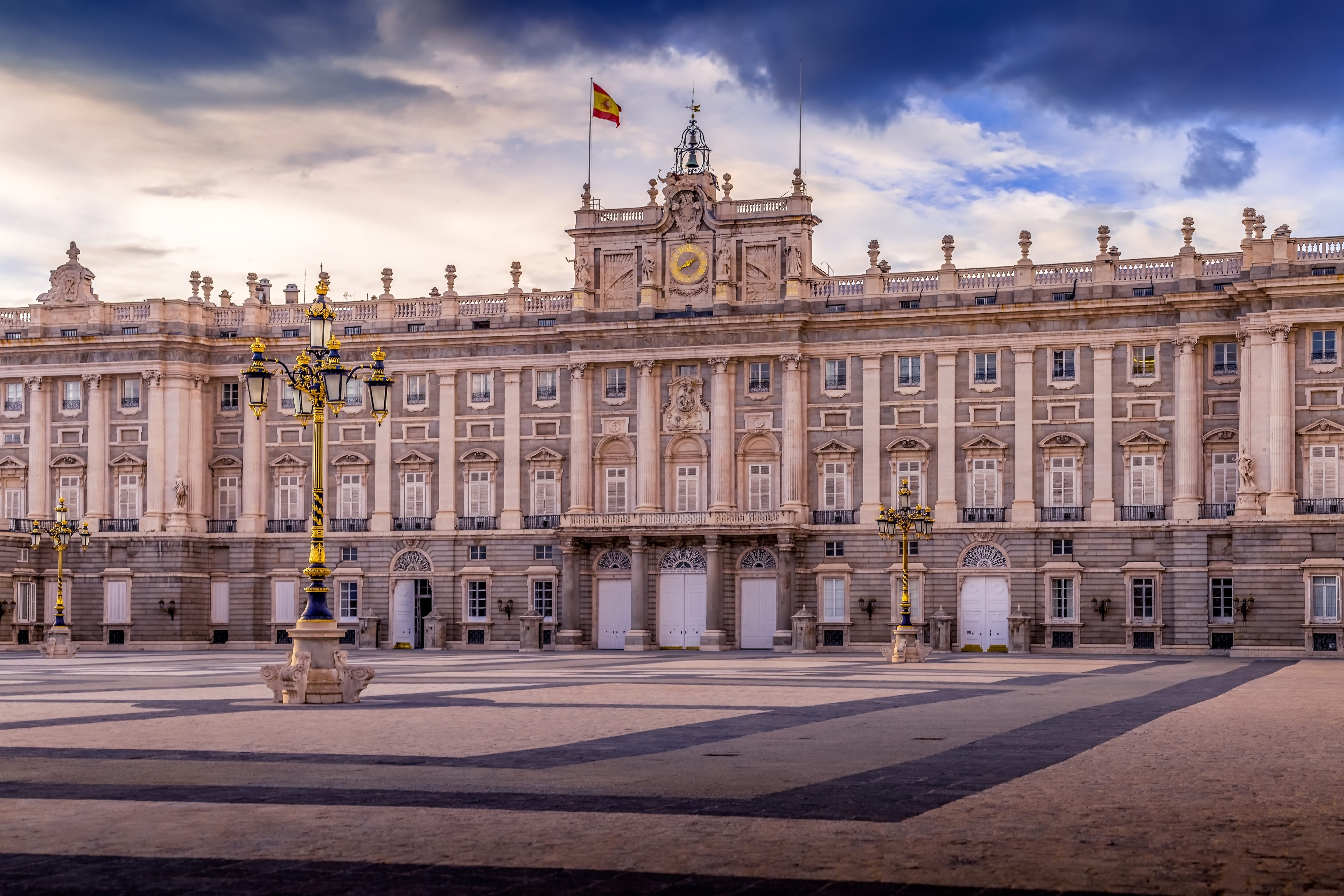 attraction, blue, landmark, madrid, national, palacio, heritage, building exterior, spain, nature, city, 5K, architectural column, building, incidental people, HD Wallpaper