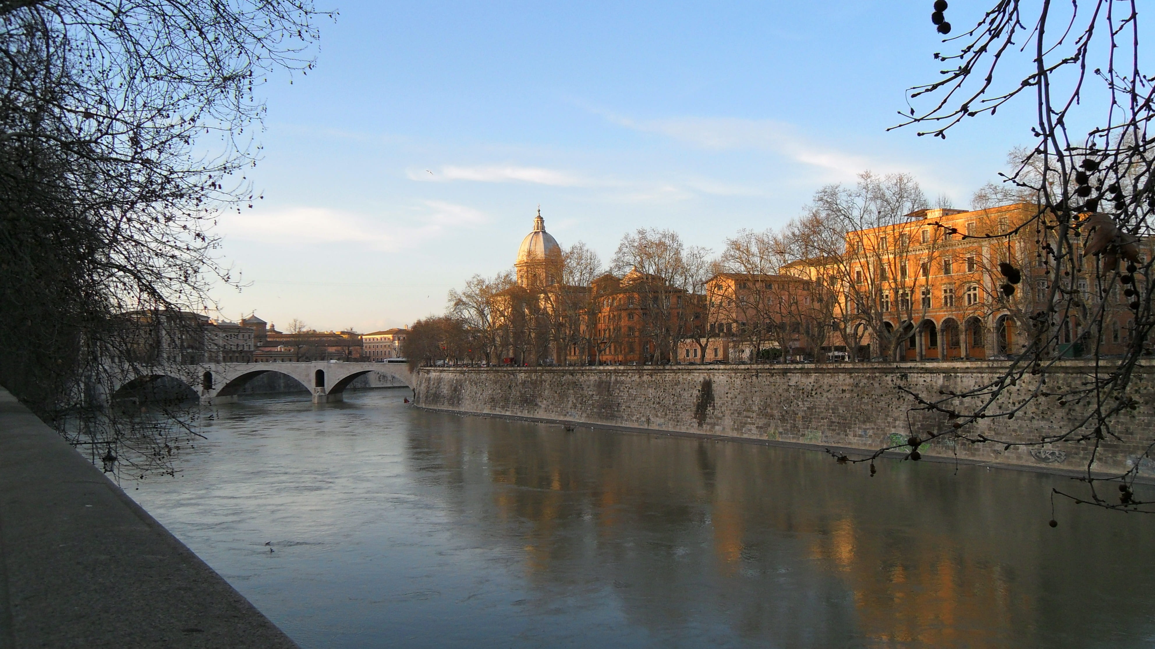 building exterior, arch bridge, plant, bridge - man made structure, outdoors, transportation, tiber, arch, 4K, bridge, shore, river, cloud - sky, connection, HD Wallpaper