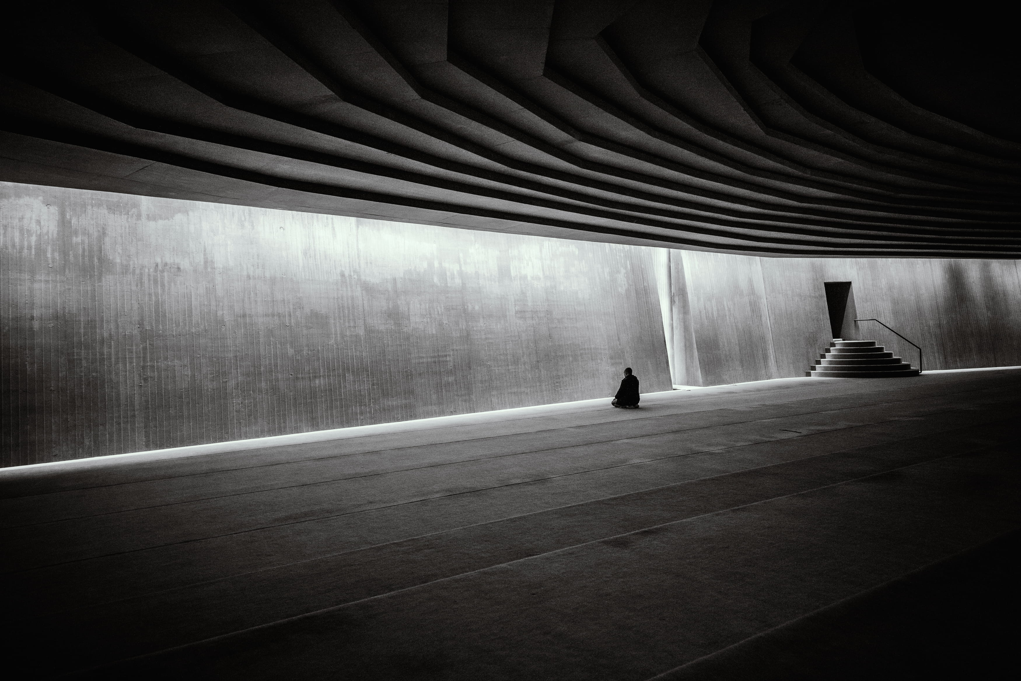 ceiling, illuminated, architecture, modern, person, empty, man, day, silhouette, walking, inside, men, hall, full length, transportation, wall, 2K, black-and-white, HD Wallpaper