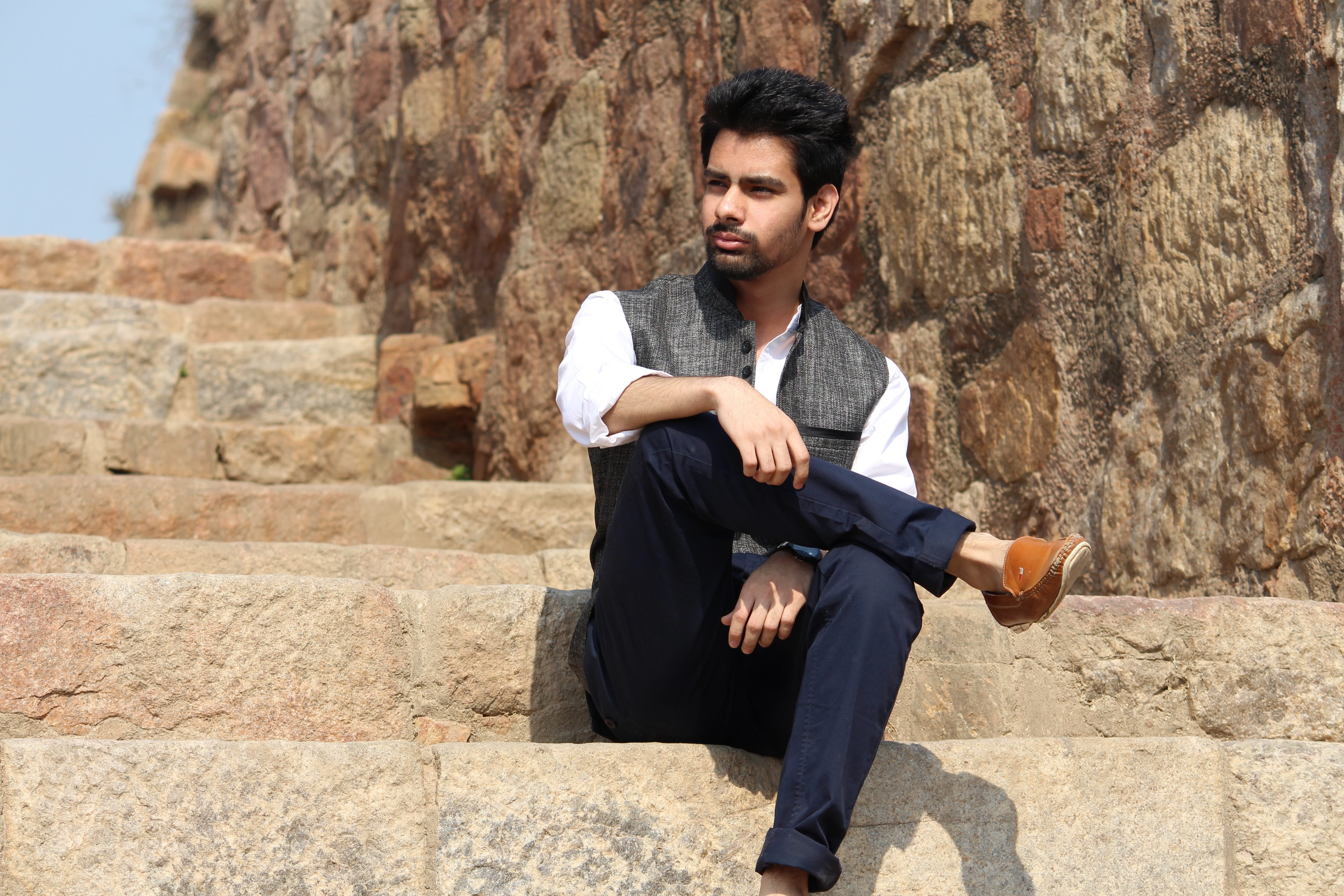 day, front view, indians, outdoors, wall - building feature, solid, young adult, human, person, india, casual clothing, indian man, sunlight, traditional, HD Wallpaper